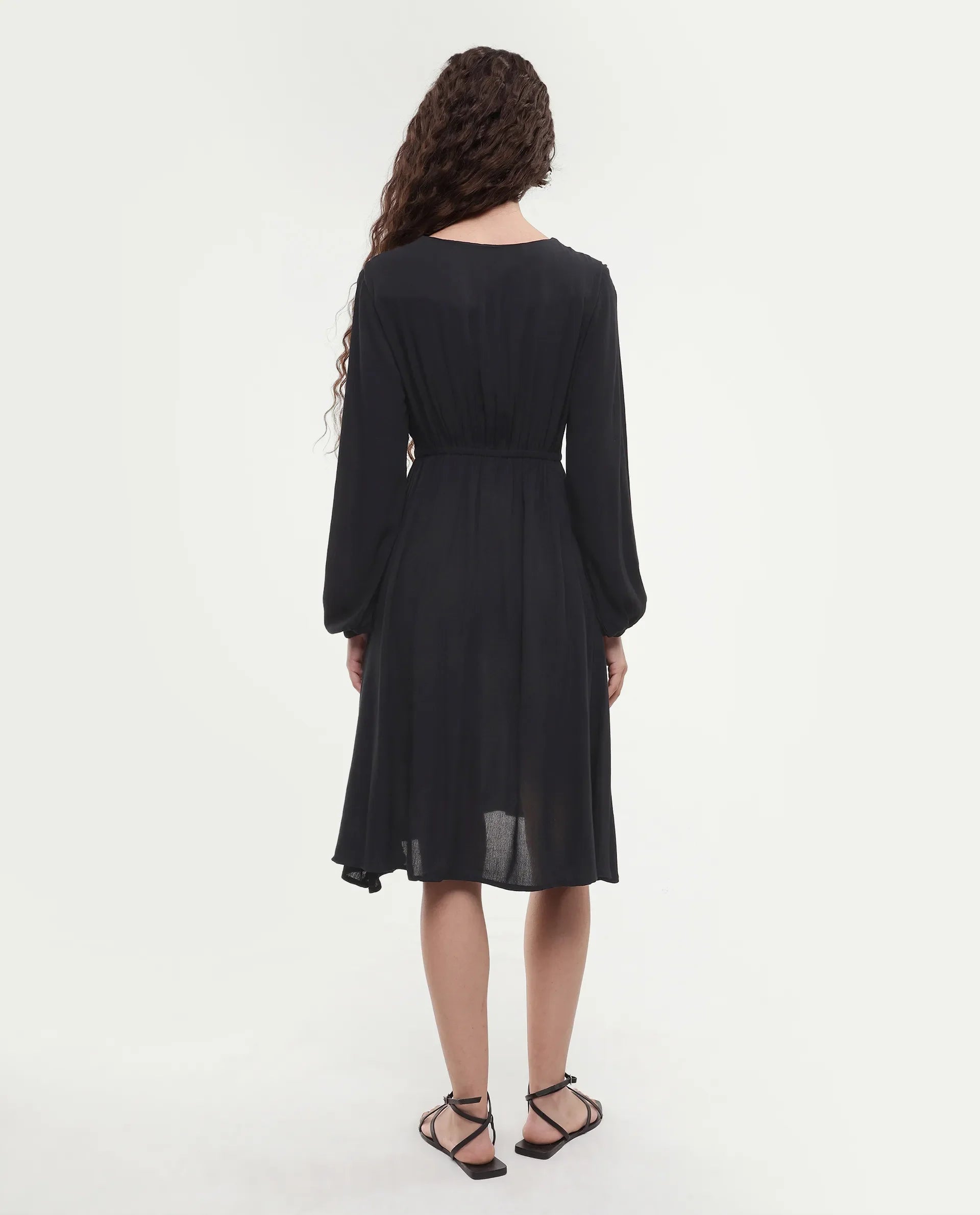 Rareism Women's Janog Black Cotton Tie-Up Neck Plain Bishop Sleeve Knee Length Fit And Flare Dress