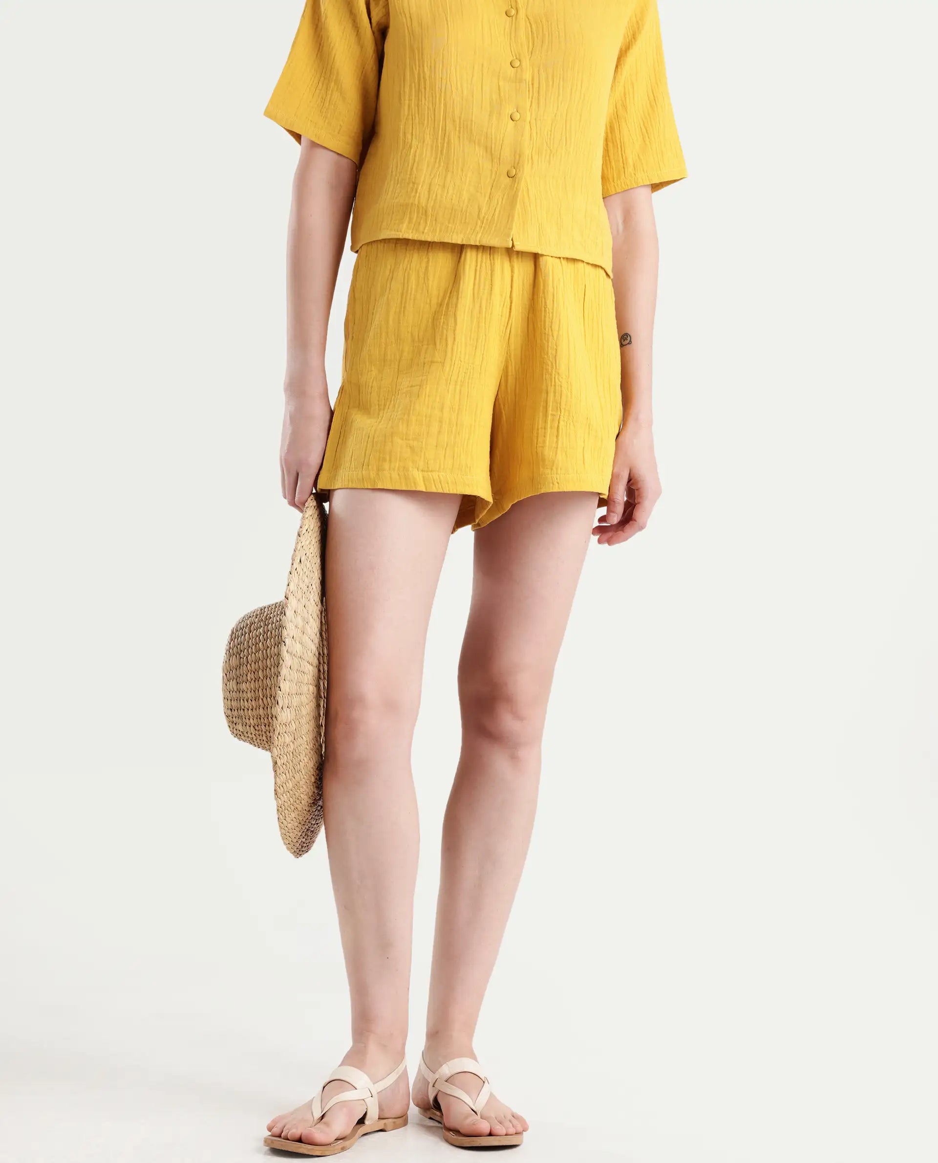 Rareism Women's Jandren B Mustard Cotton Plain Mini Regular Fit Shorts