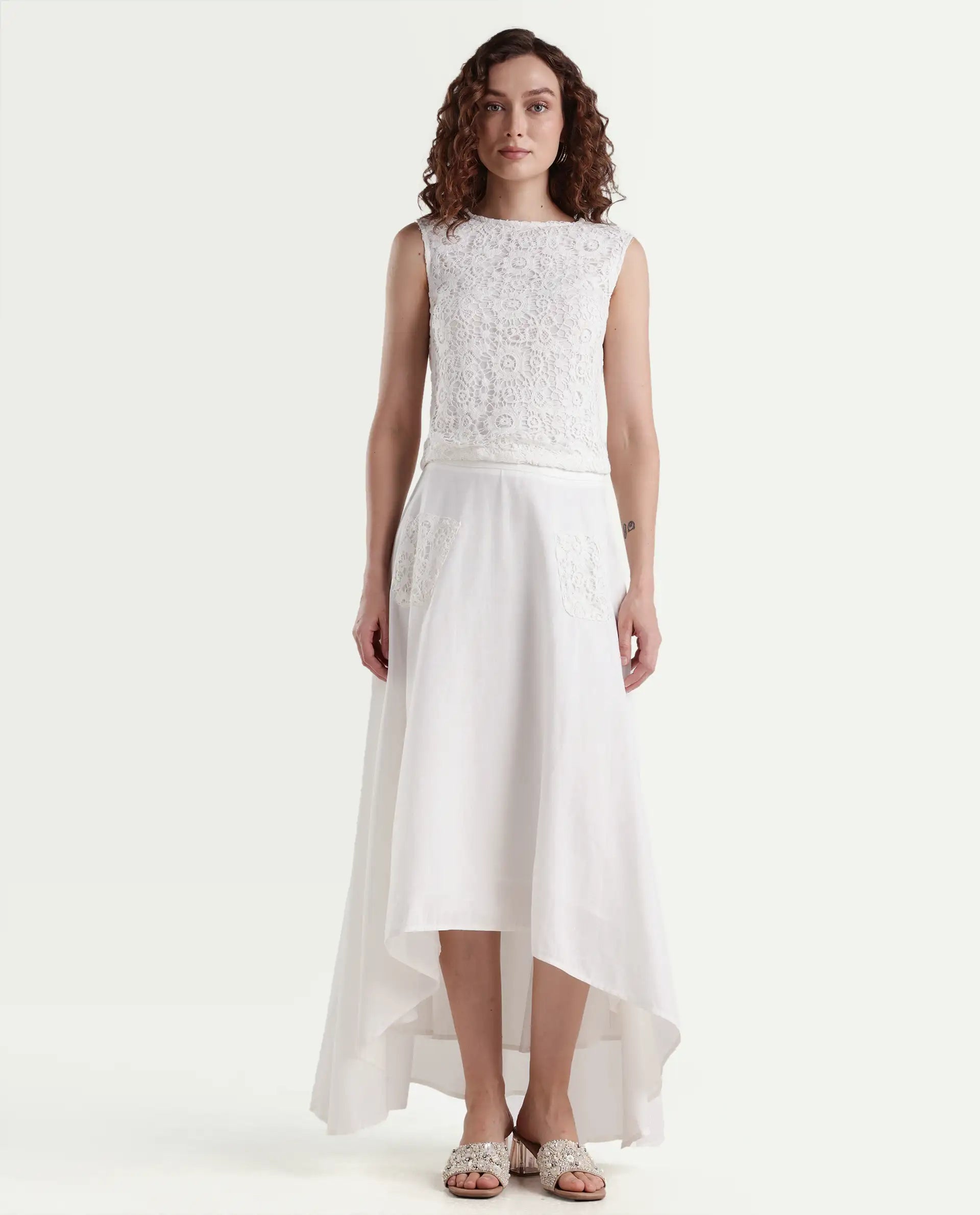 Rareism Women's Janlom B Off White Cotton Plain Ankle Length A-Line Skirt