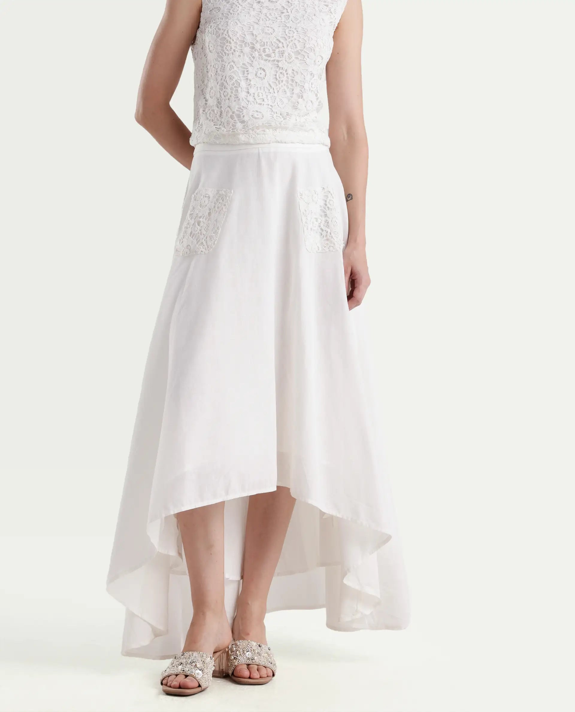 Rareism Women's Janlom B Off White Cotton Blend Plain Ankle Length A-Line Skirt