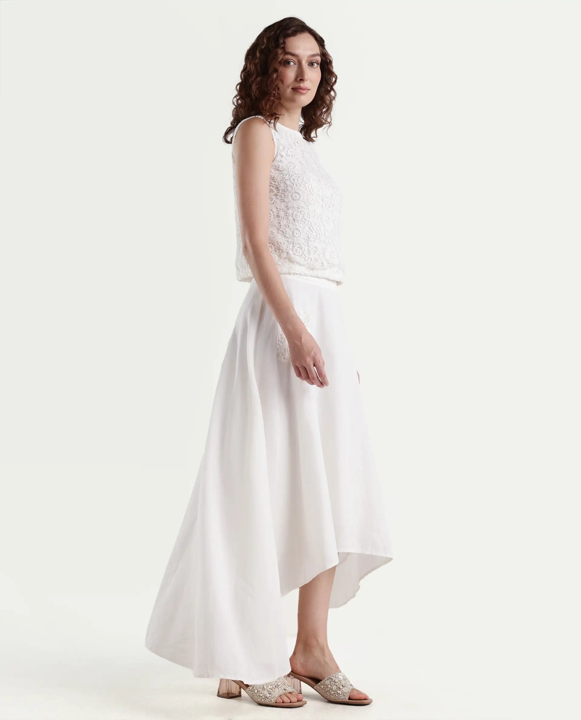 Rareism Women's Janlom B Off White Cotton Blend Plain Ankle Length A-Line Skirt