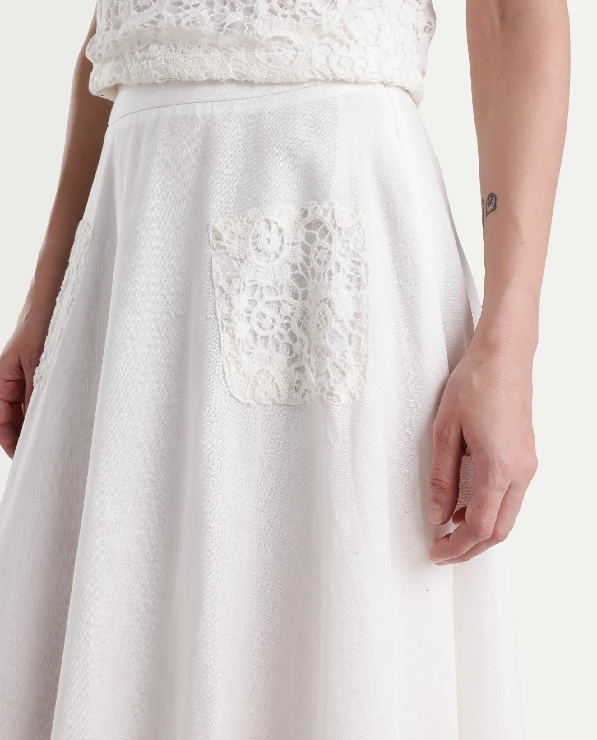 Rareism Women's Janlom B Off White Cotton Plain Ankle Length A-Line Skirt