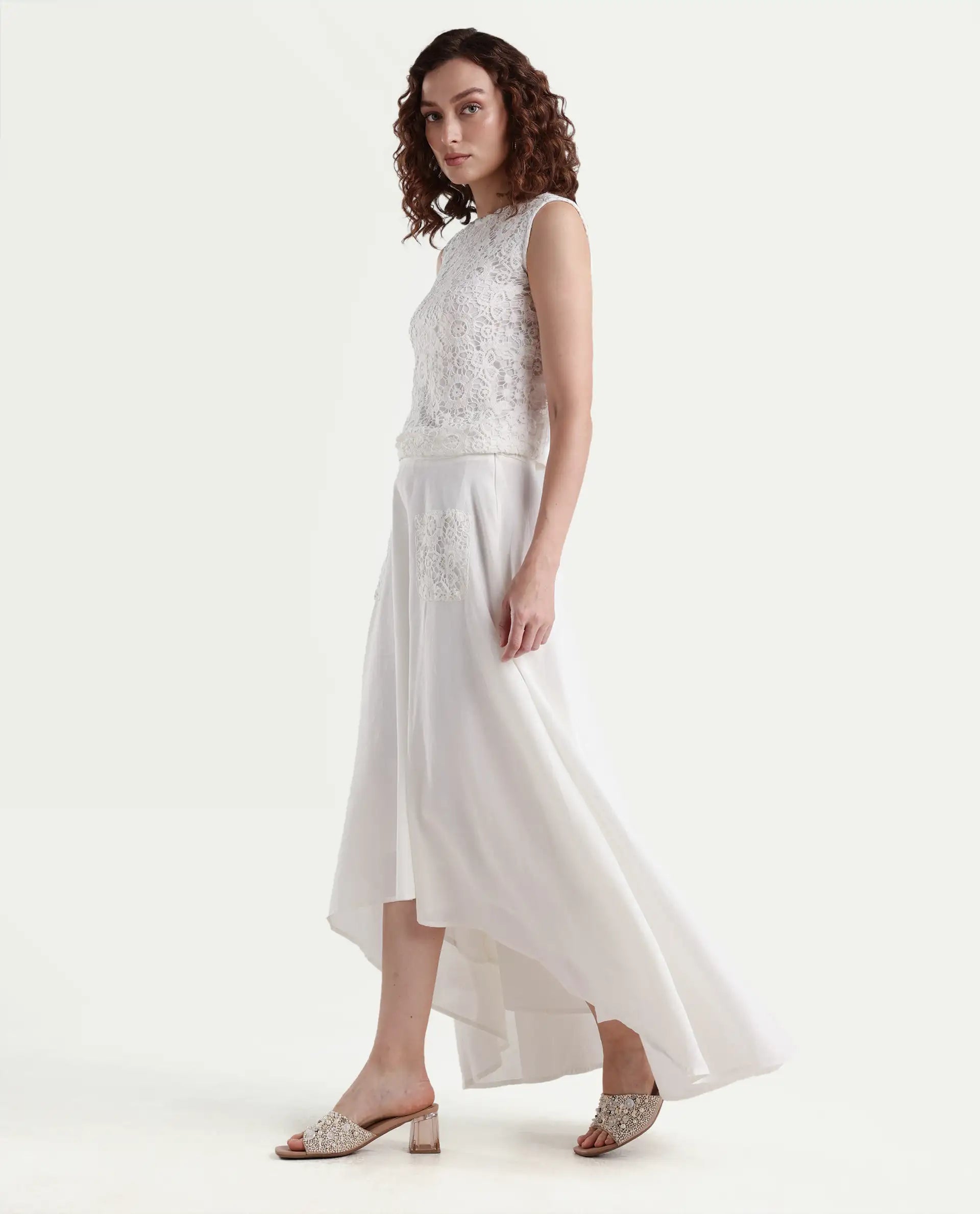 Rareism Women's Janlom B Off White Cotton Plain Ankle Length A-Line Skirt