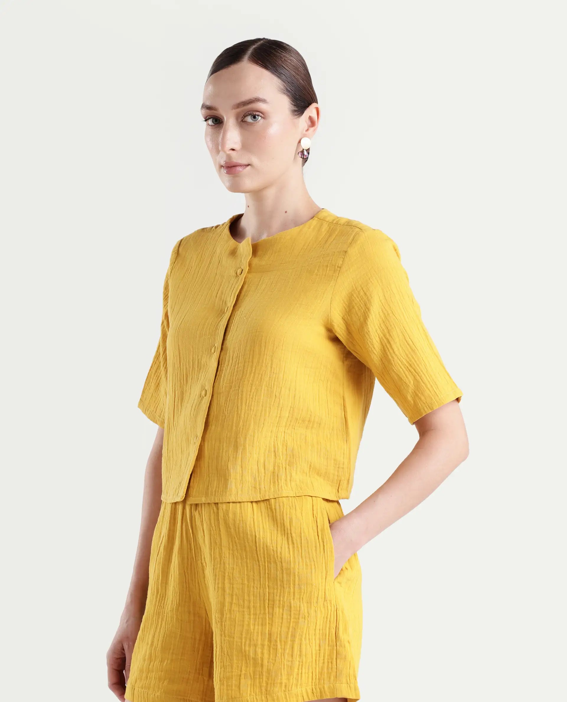 Rareism Women's Jandren T Mustard Cotton Round Neck Plain Relaxed Fit Top