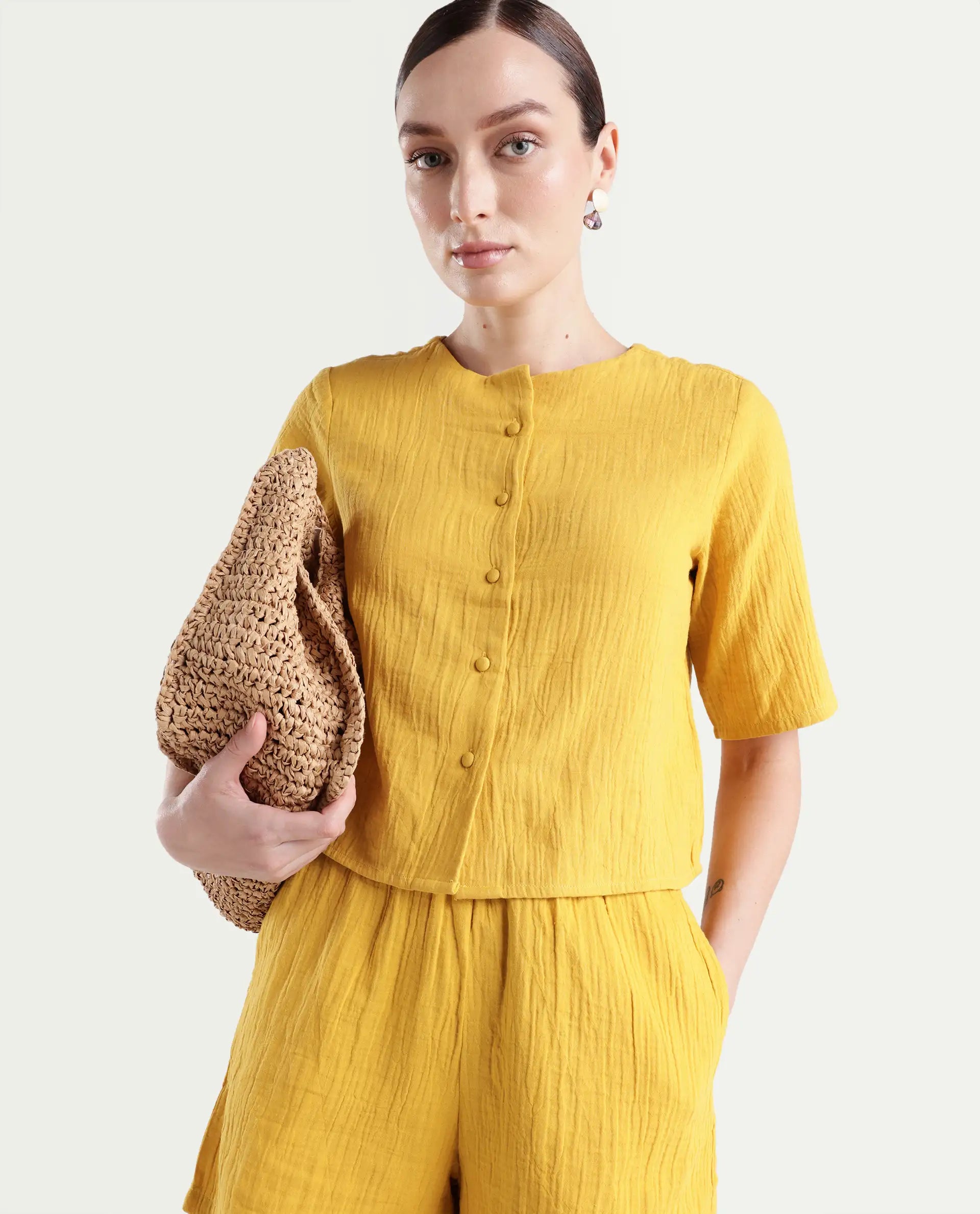 Rareism Women's Jandren T Mustard Cotton Round Neck Plain Relaxed Fit Top