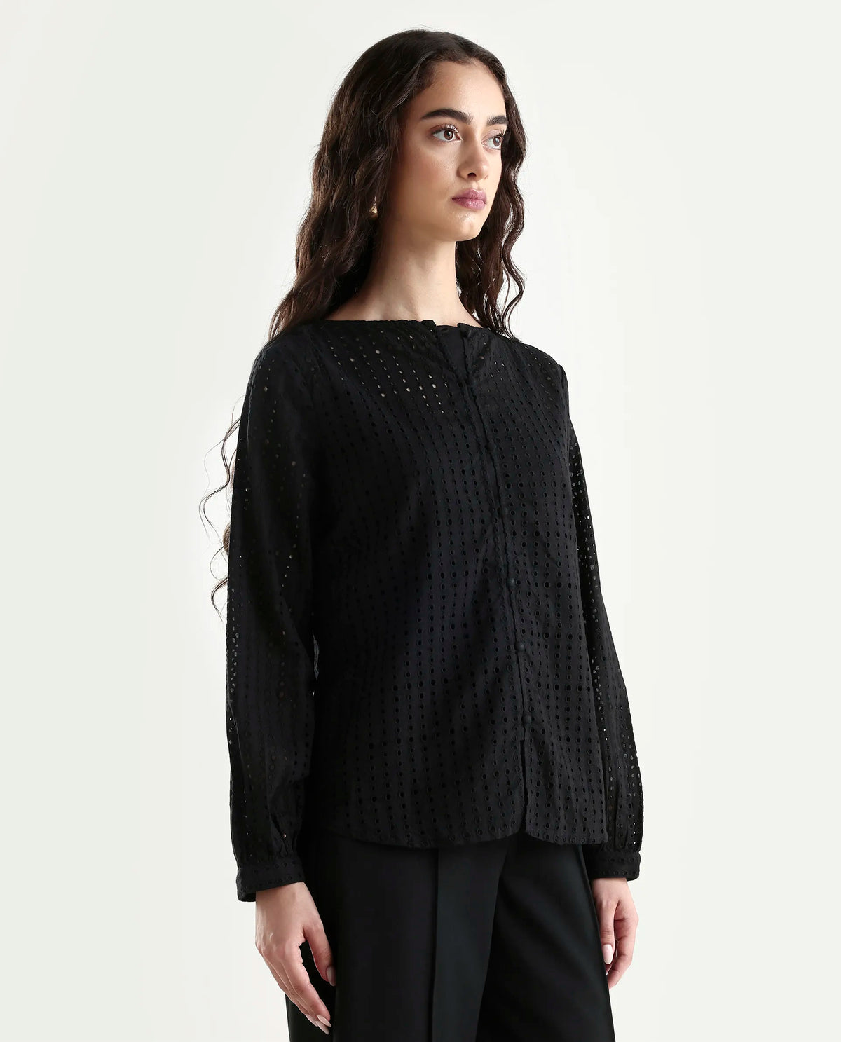Rareism Women's Jancy Black Cotton Boat Neck Plain Bishop Sleeve Regular Fit Top