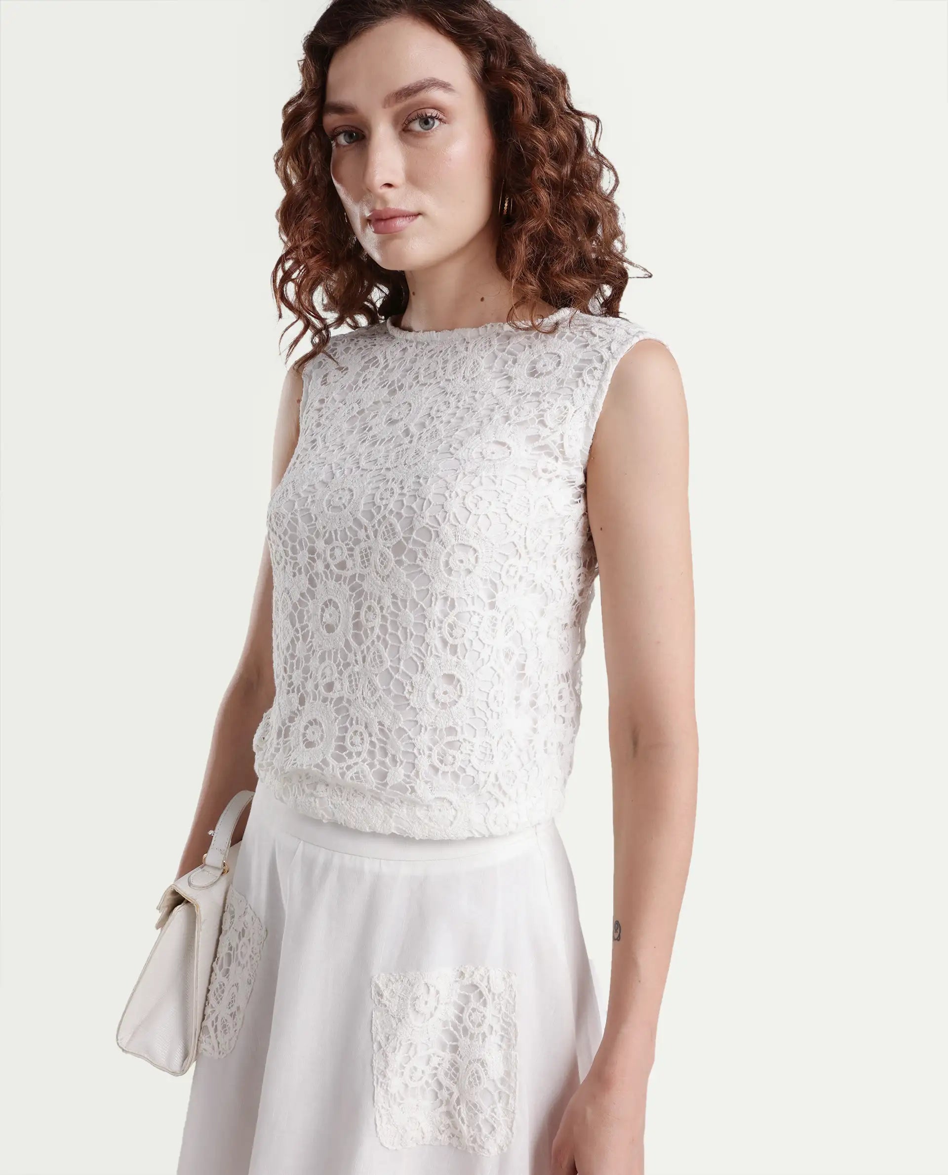 Rareism Women's Janlom T White Cotton Round Neck Abstract Print Sleeveless Crop Boxy Fit Top