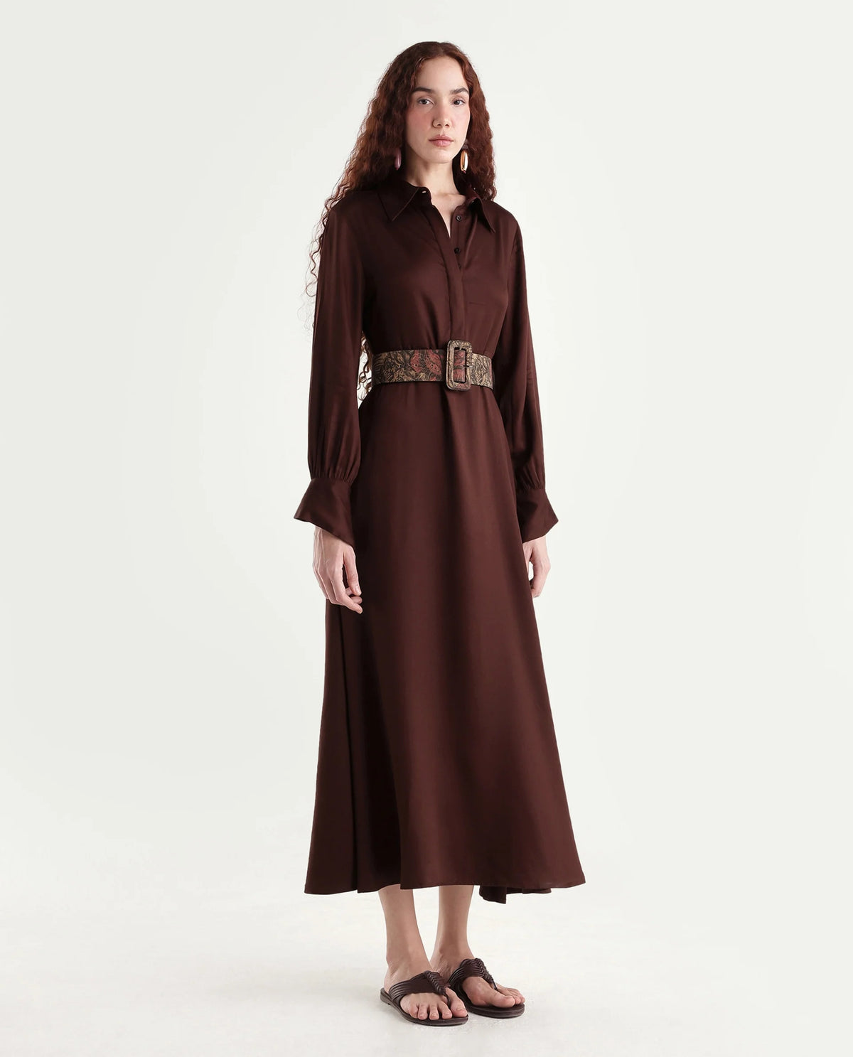 Rareism Women's Ronae Brown Viscose Spread Collar Plain Cuffed Sleeve Maxi Flared Dress