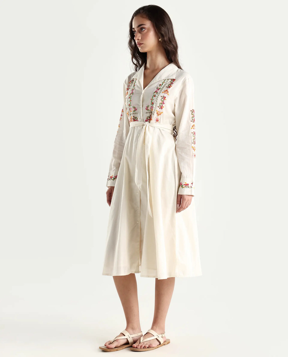 Rareism Women's Ronaq Off White Cotton Spread Collar Plain Cuffed Sleeve Midi A-Line Dress