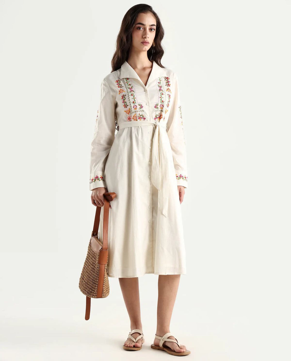 Rareism Women's Ronaq Off White Cotton Spread Collar Plain Cuffed Sleeve Midi A-Line Dress
