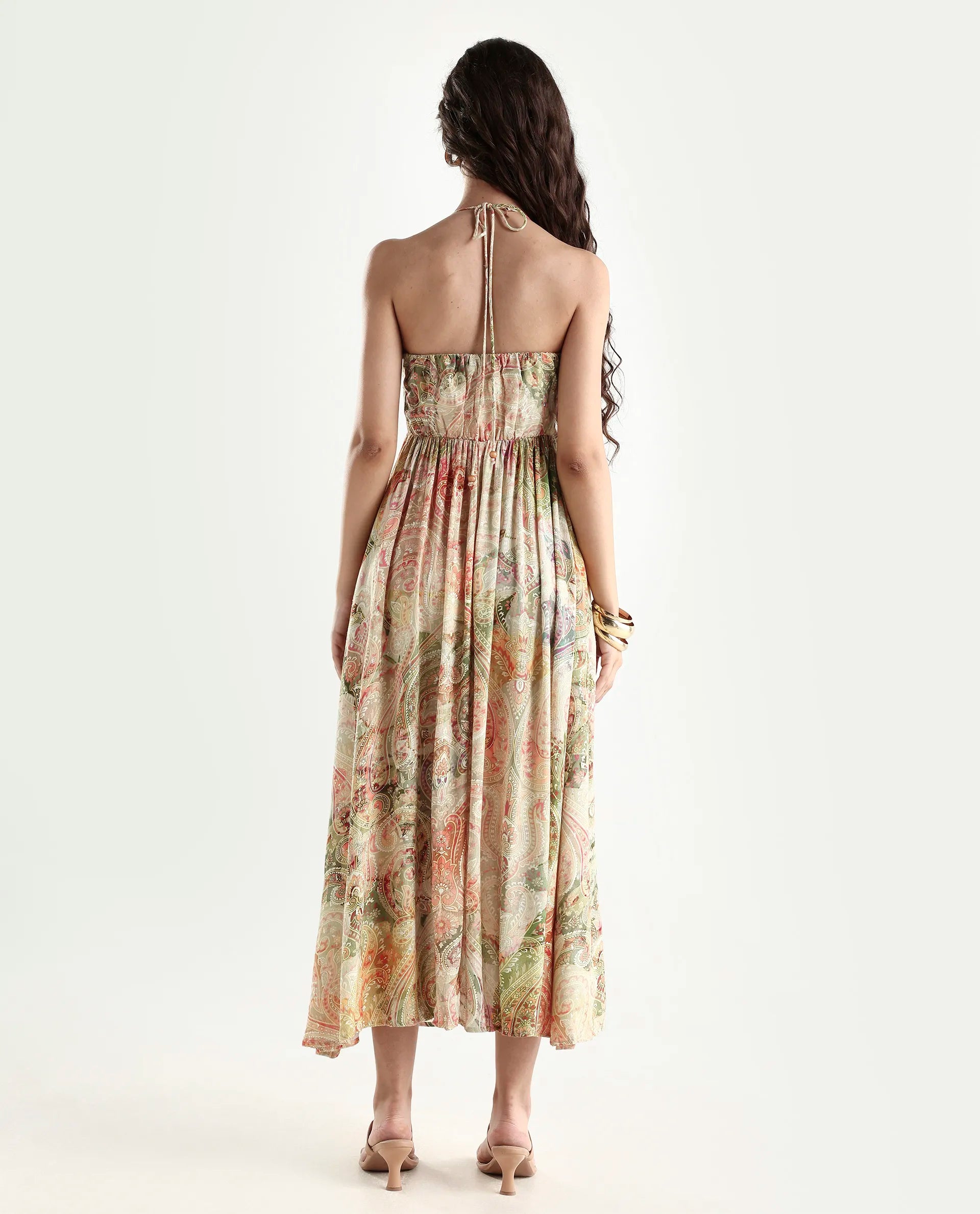 Rareism Women's Ronat Multi Cotton Blend V-Neck Paisley Print Sleeveless Maxi Fit And Flare Dress