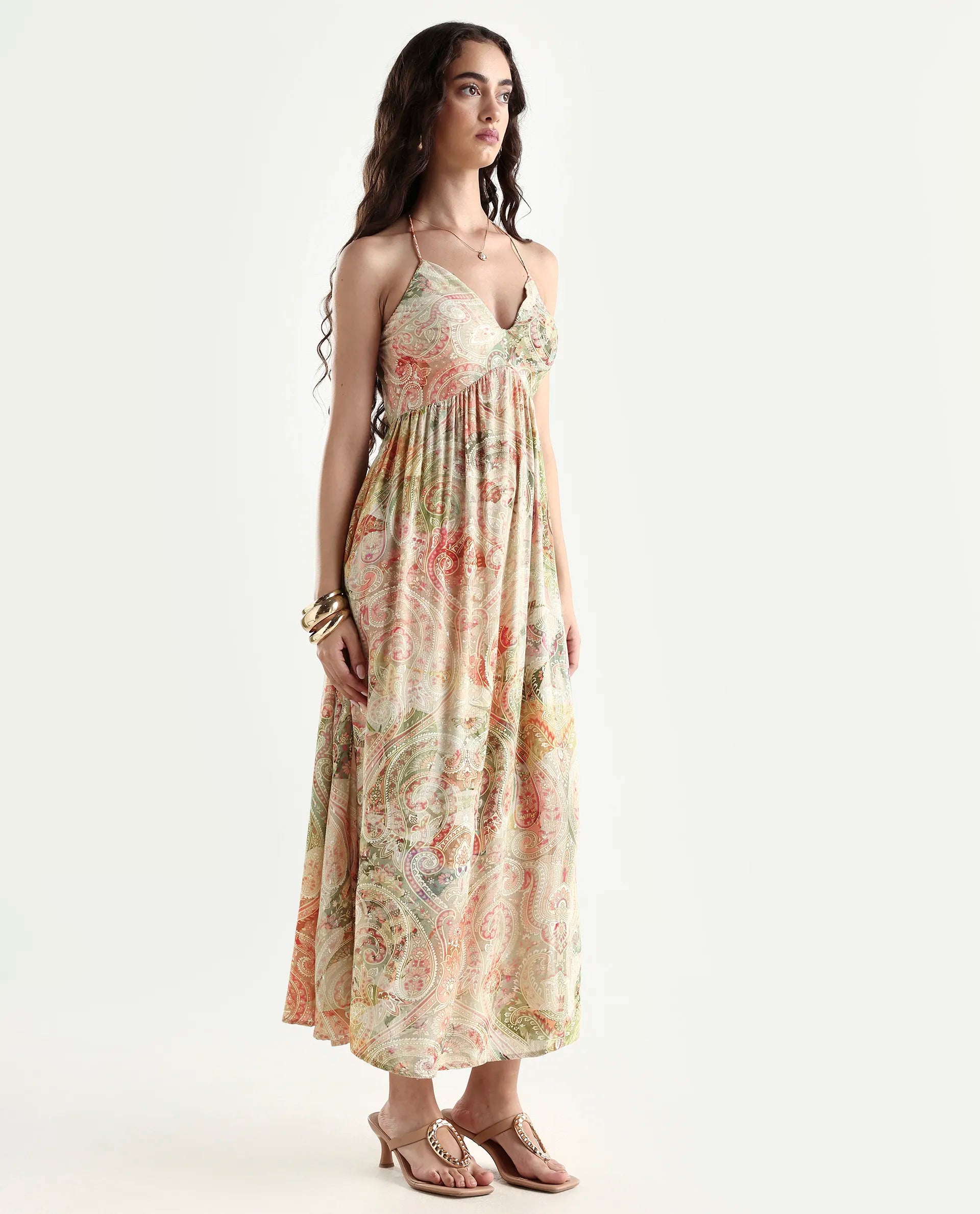 Rareism Women's Ronat Multi Cotton Blend V-Neck Paisley Print Sleeveless Maxi Fit And Flare Dress