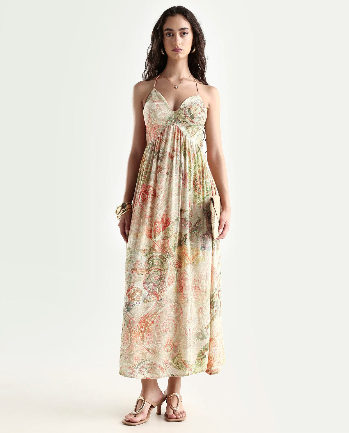 Rareism Women's Ronat Multi Cotton Blend V-Neck Paisley Print Sleeveless Maxi Fit And Flare Dress