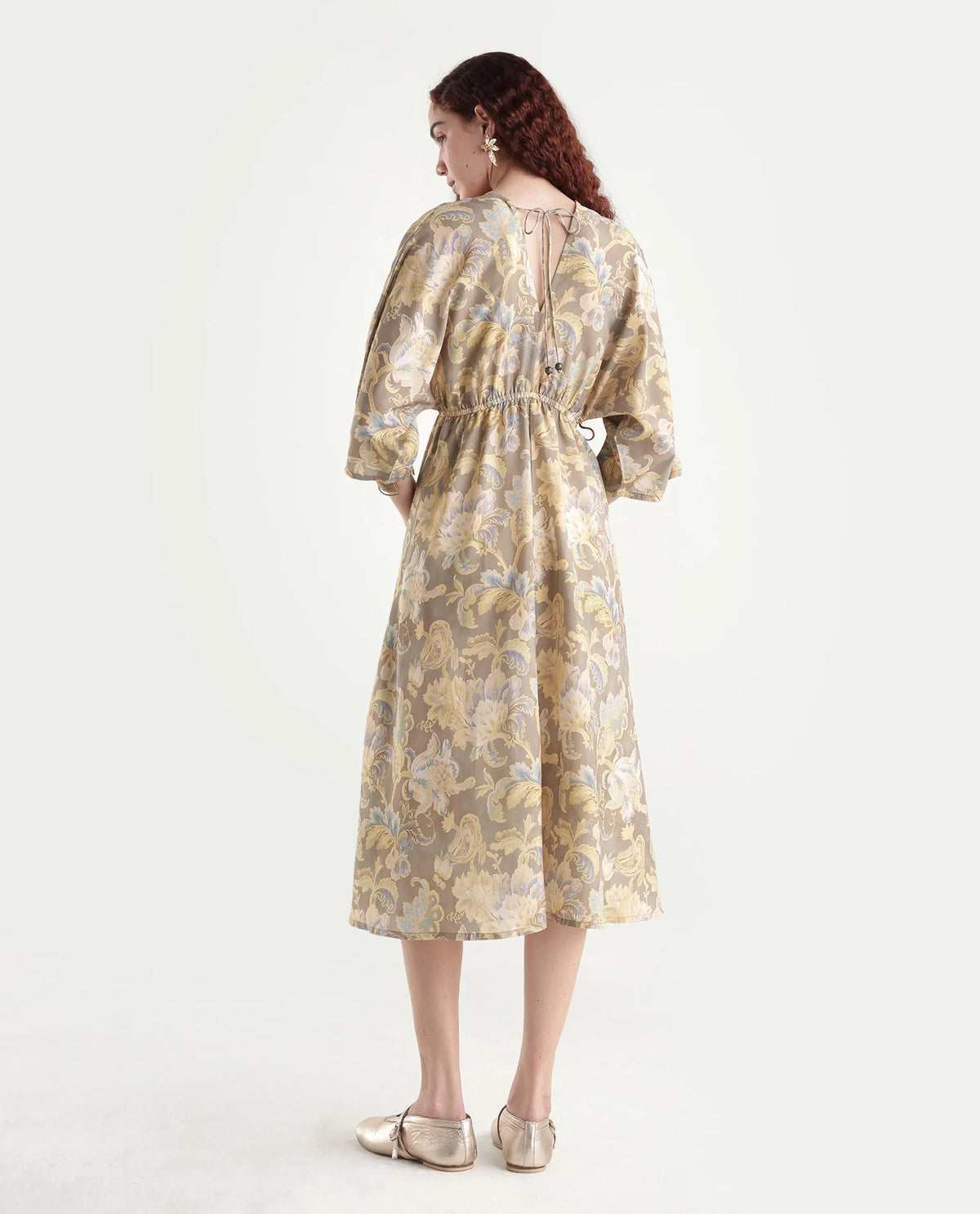 Rareism Women's Ronboh Dark Green Polyester V-Neck Floral Print Kimono Sleeve Knee Length Flared Dress