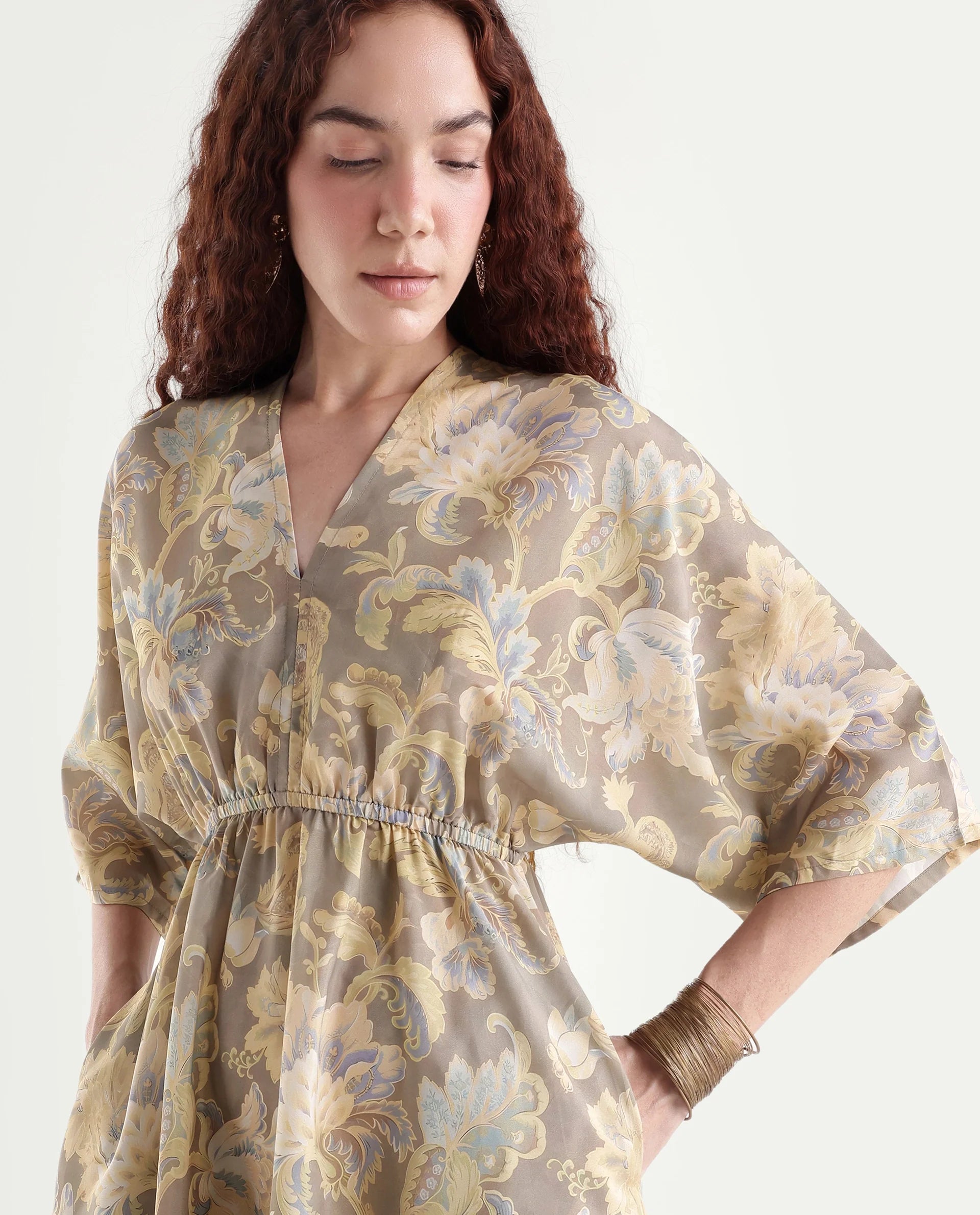 Rareism Women's Ronboh Dark Green Polyester V-Neck Floral Print Kimono Sleeve Knee Length Flared Dress