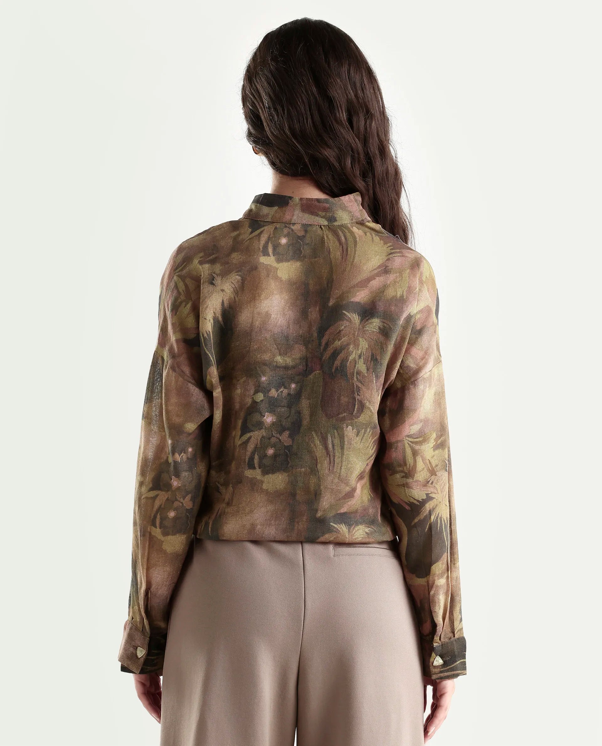 Rareism Women's Roniq Dark Green Cotton High Neck Abstract Print Cuffed Sleeve Regular Fit Top