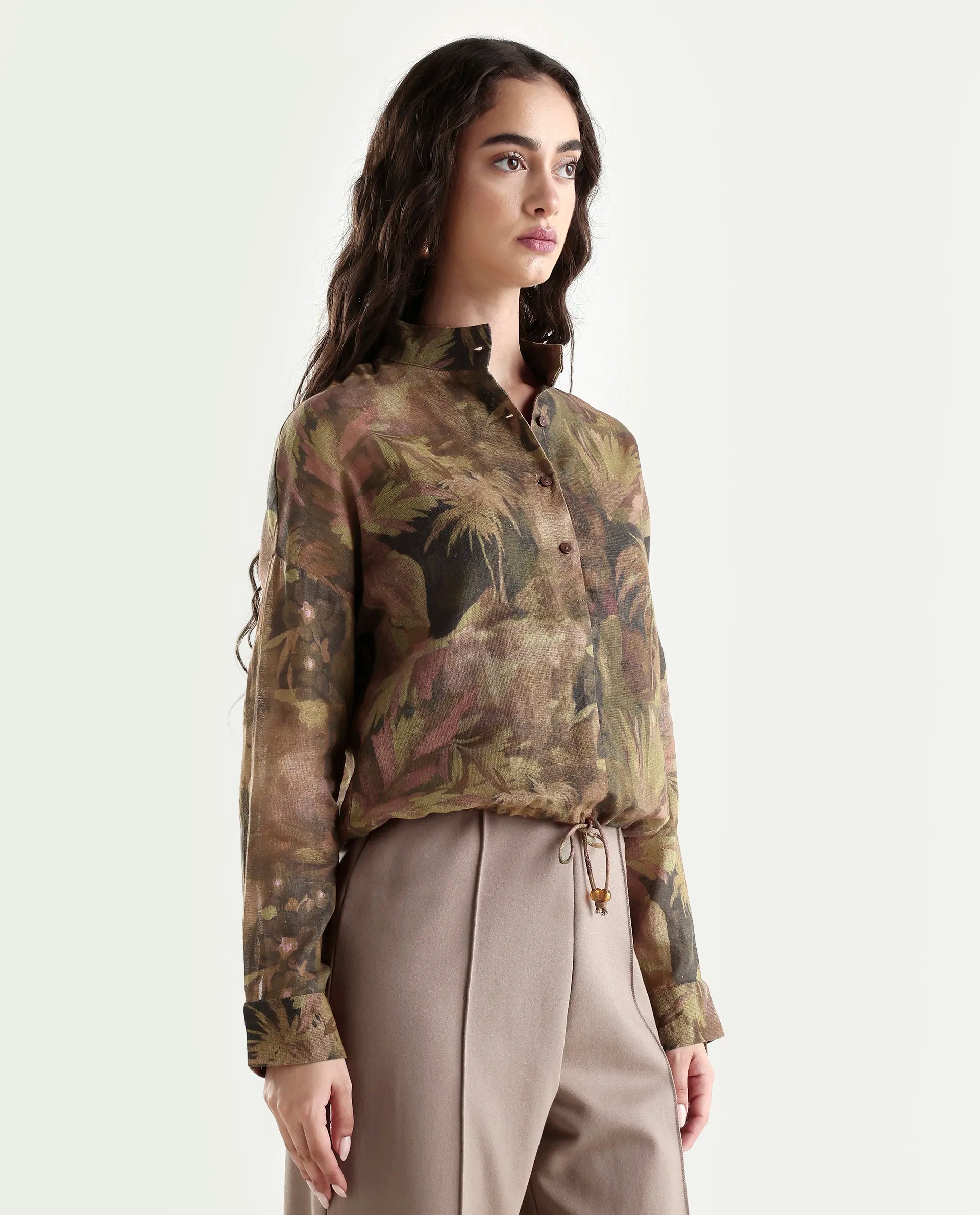 Rareism Women's Roniq Dark Green Cotton High Neck Abstract Print Cuffed Sleeve Regular Fit Top