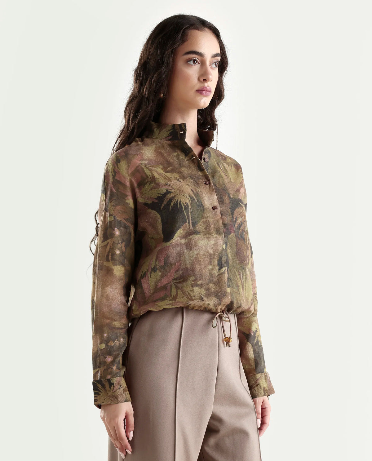 Rareism Women's Roniq Dark Green Cotton High Neck Abstract Print Cuffed Sleeve Regular Fit Top