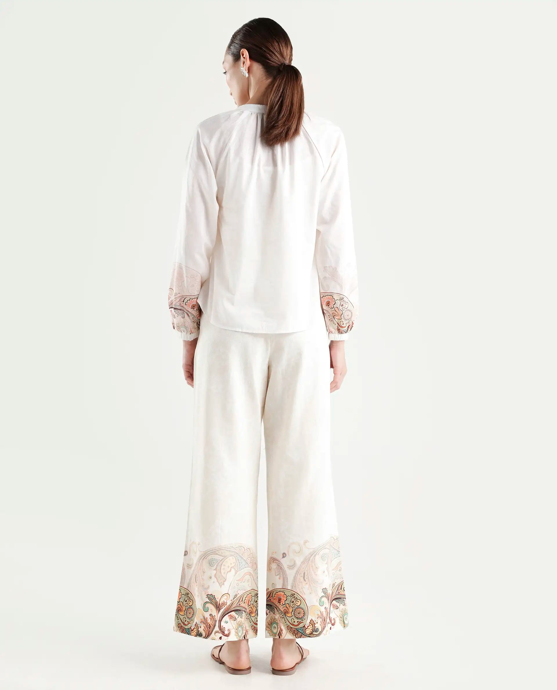 Rareism Women's Roniv B Beige Cotton Paisley Print Ankle Length Wide Trouser
