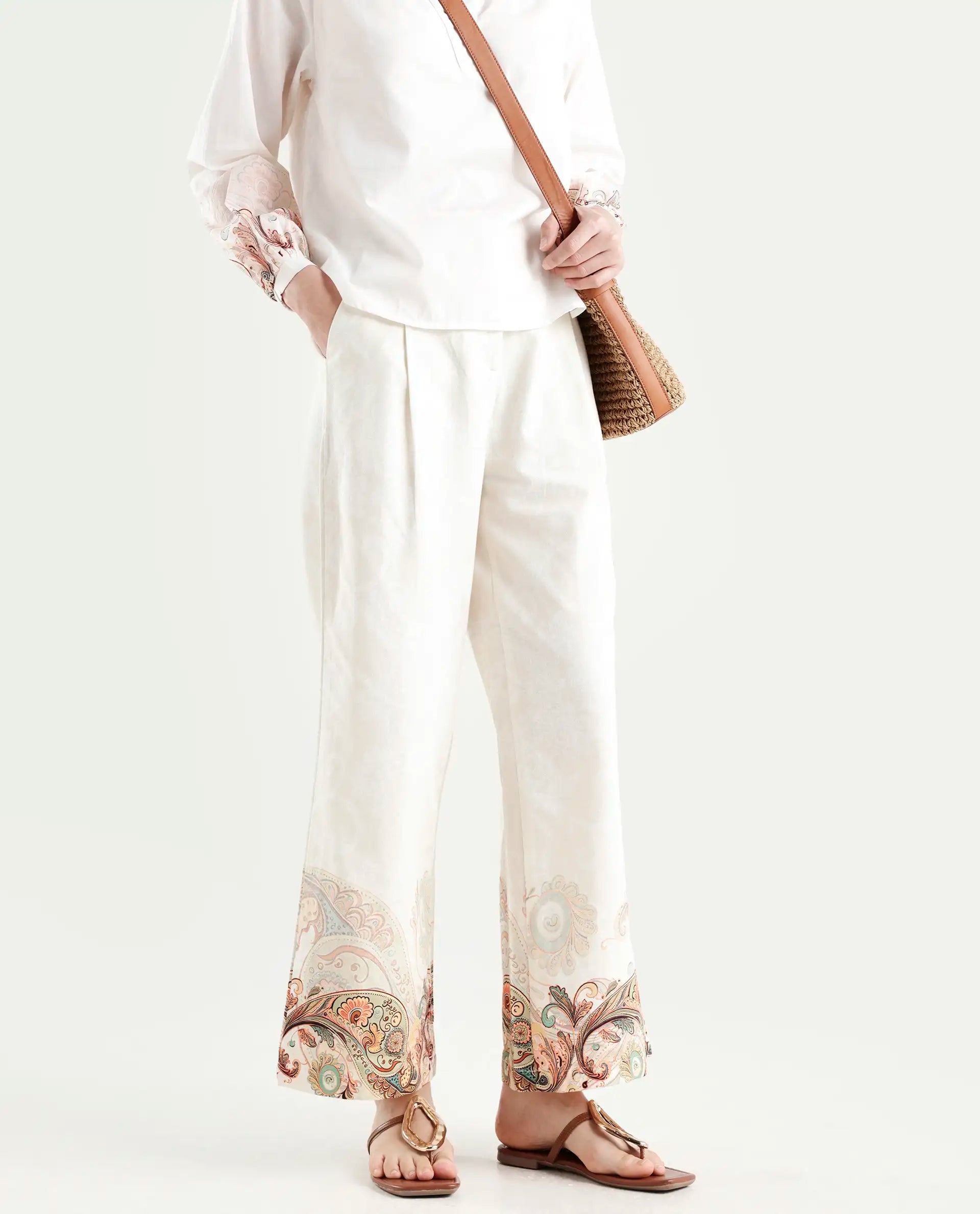 Rareism Women's Roniv B Beige Cotton Paisley Print Ankle Length Wide Trouser