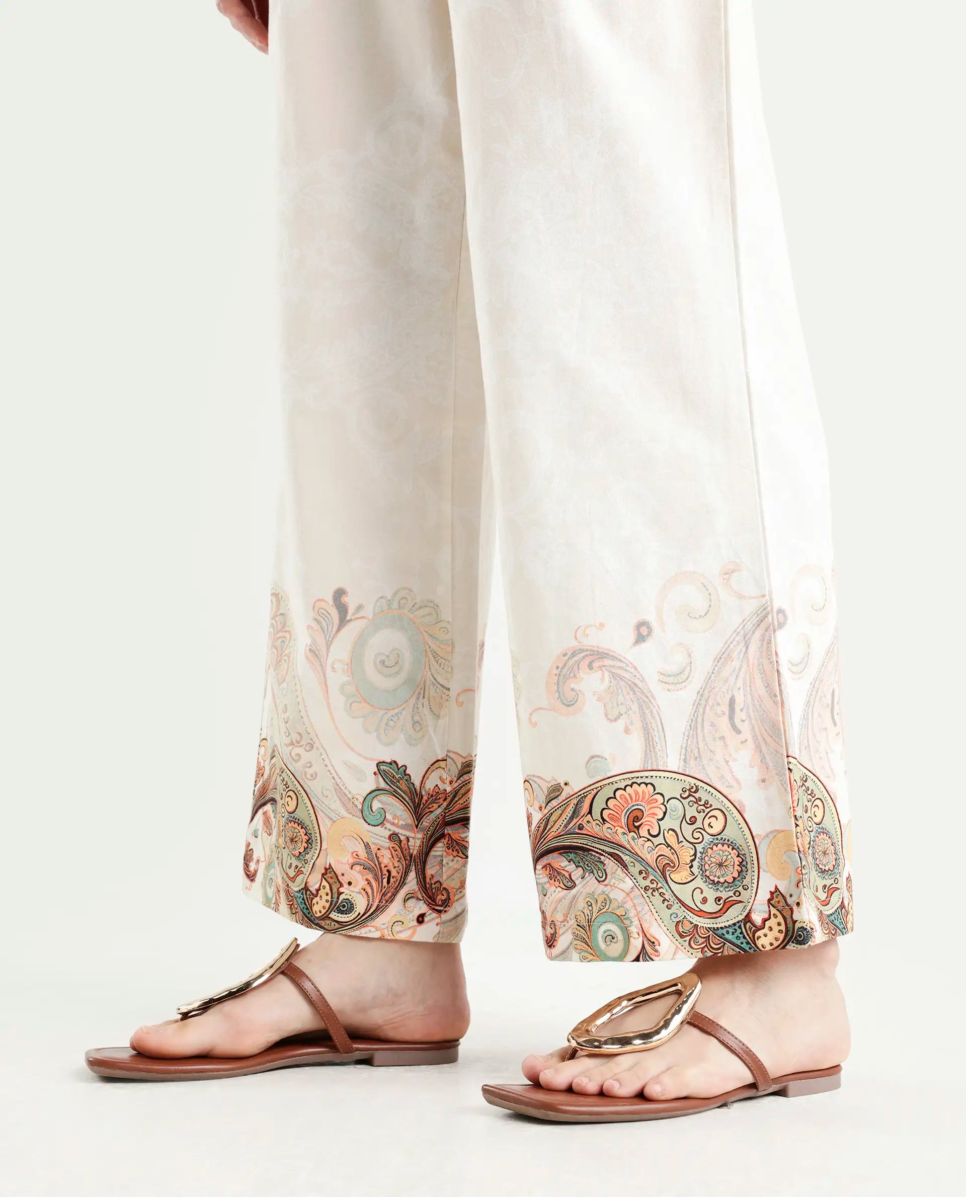Rareism Women's Roniv B Beige Cotton Paisley Print Ankle Length Wide Trouser