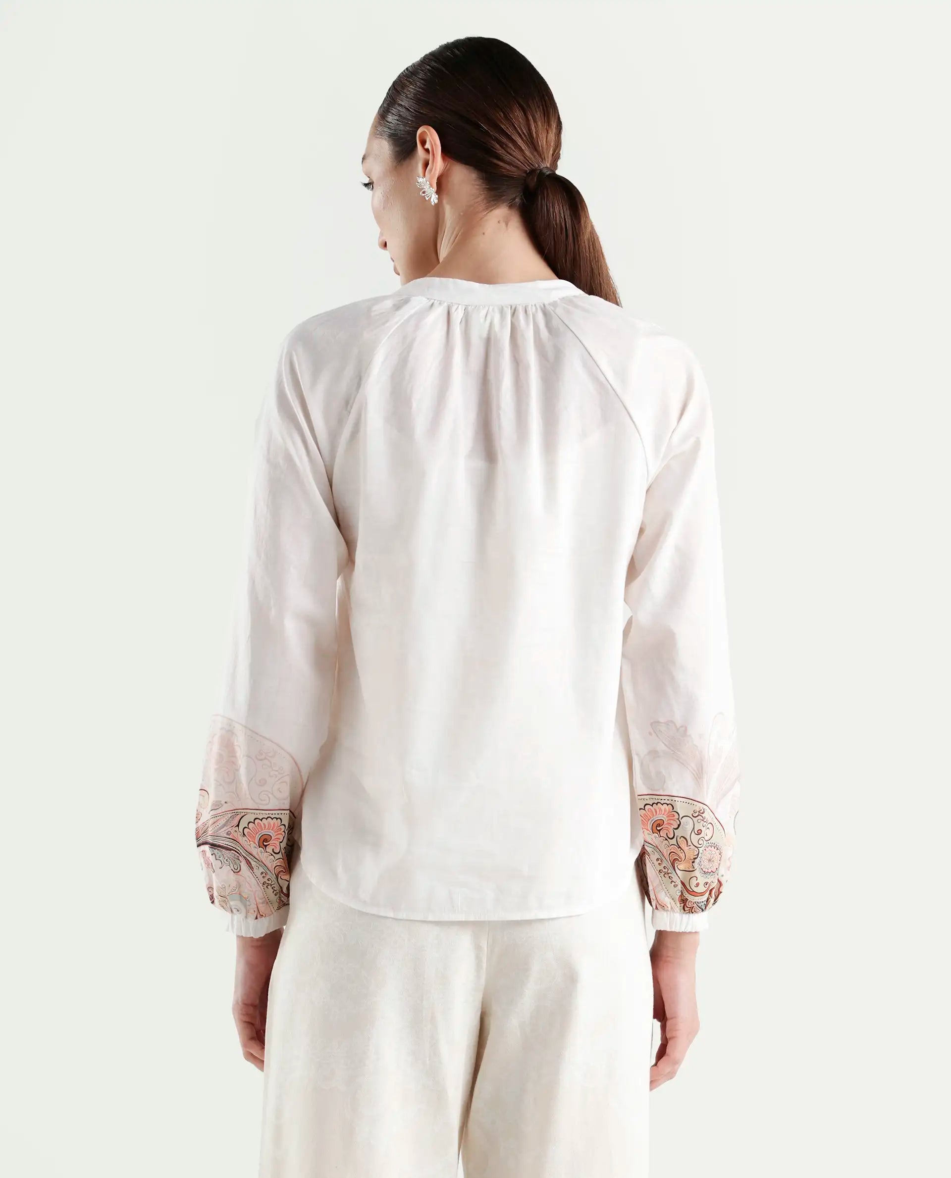 Rareism Women's Roniv T Beige Cotton Mandarin Collar Paisley Print Regular Fit Top