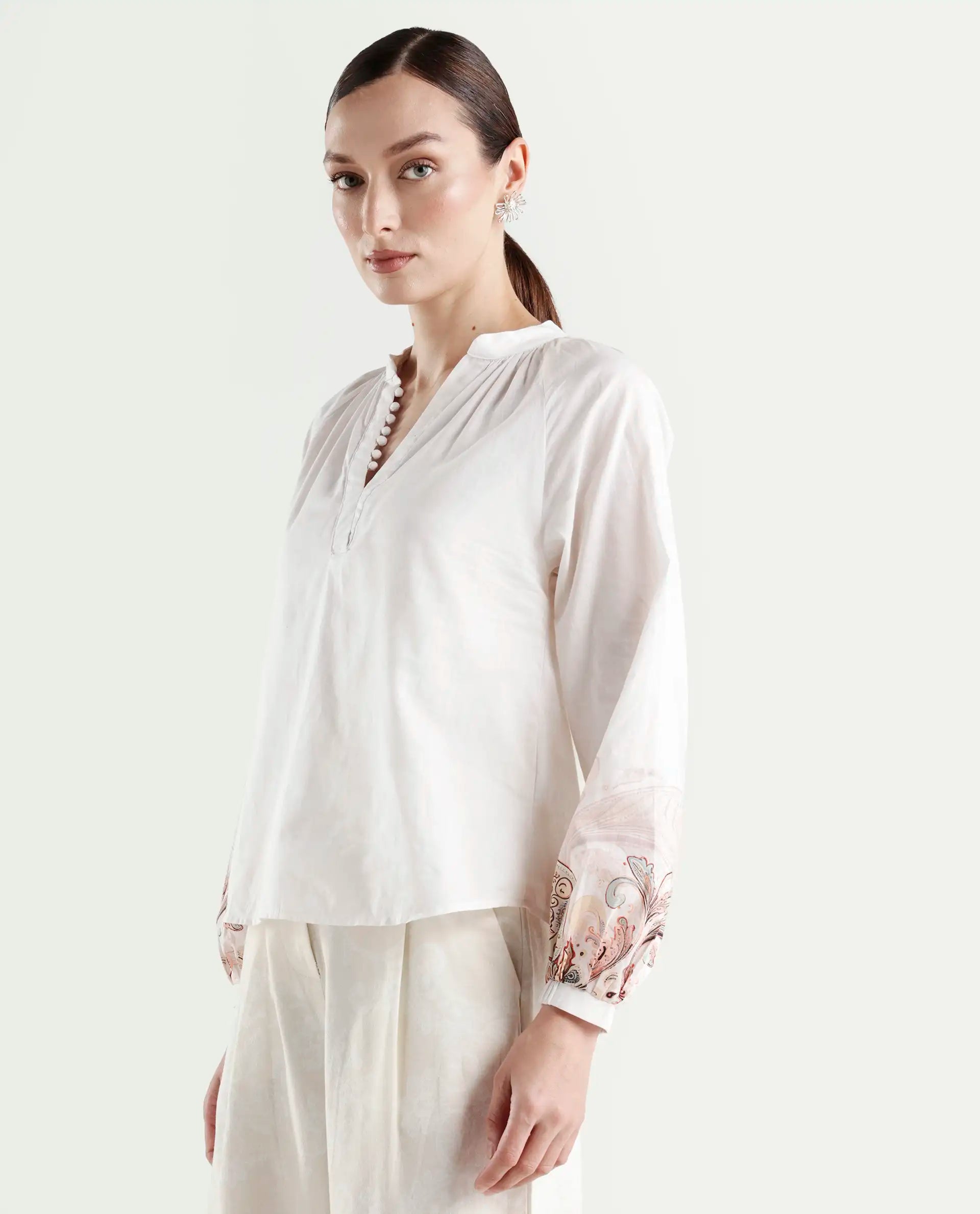 Rareism Women's Roniv T Beige Cotton Mandarin Collar Paisley Print Regular Fit Top