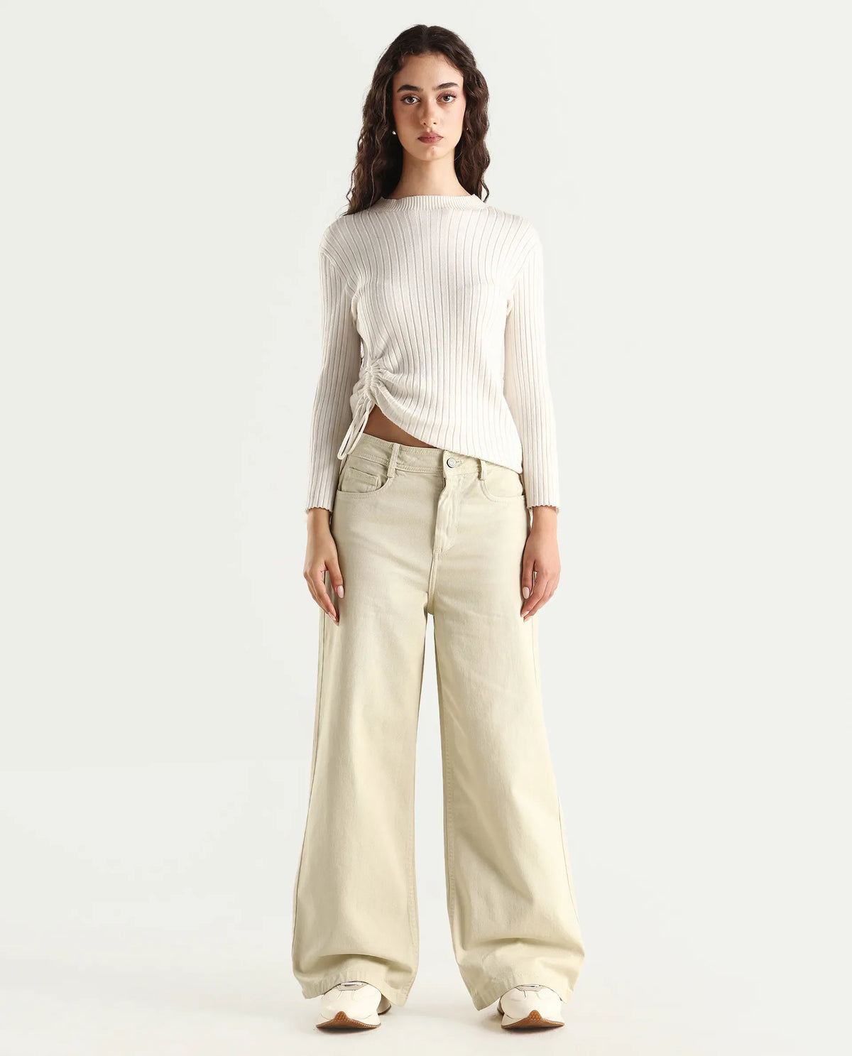 Rareism Women's Ronob Beige Cotton Blend Plain Ankle Length Wide Trouser