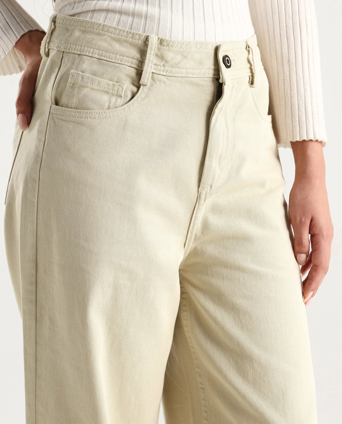 Rareism Women's Ronob Beige Cotton Blend Plain Ankle Length Wide Trouser