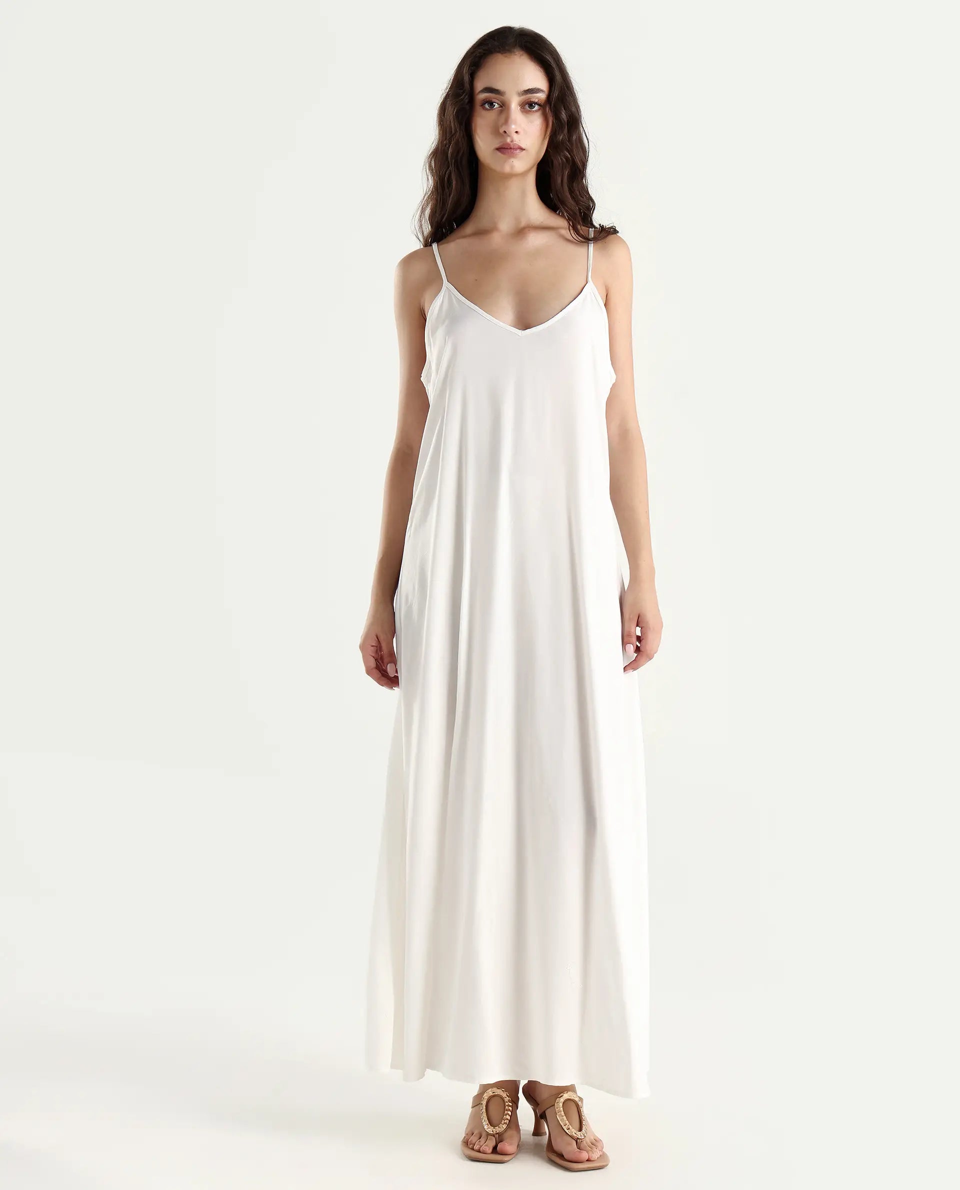 Rareism Women's Ronoli Off White Polyester V-Neck Textured Kimono Sleeve Maxi Flared Dress