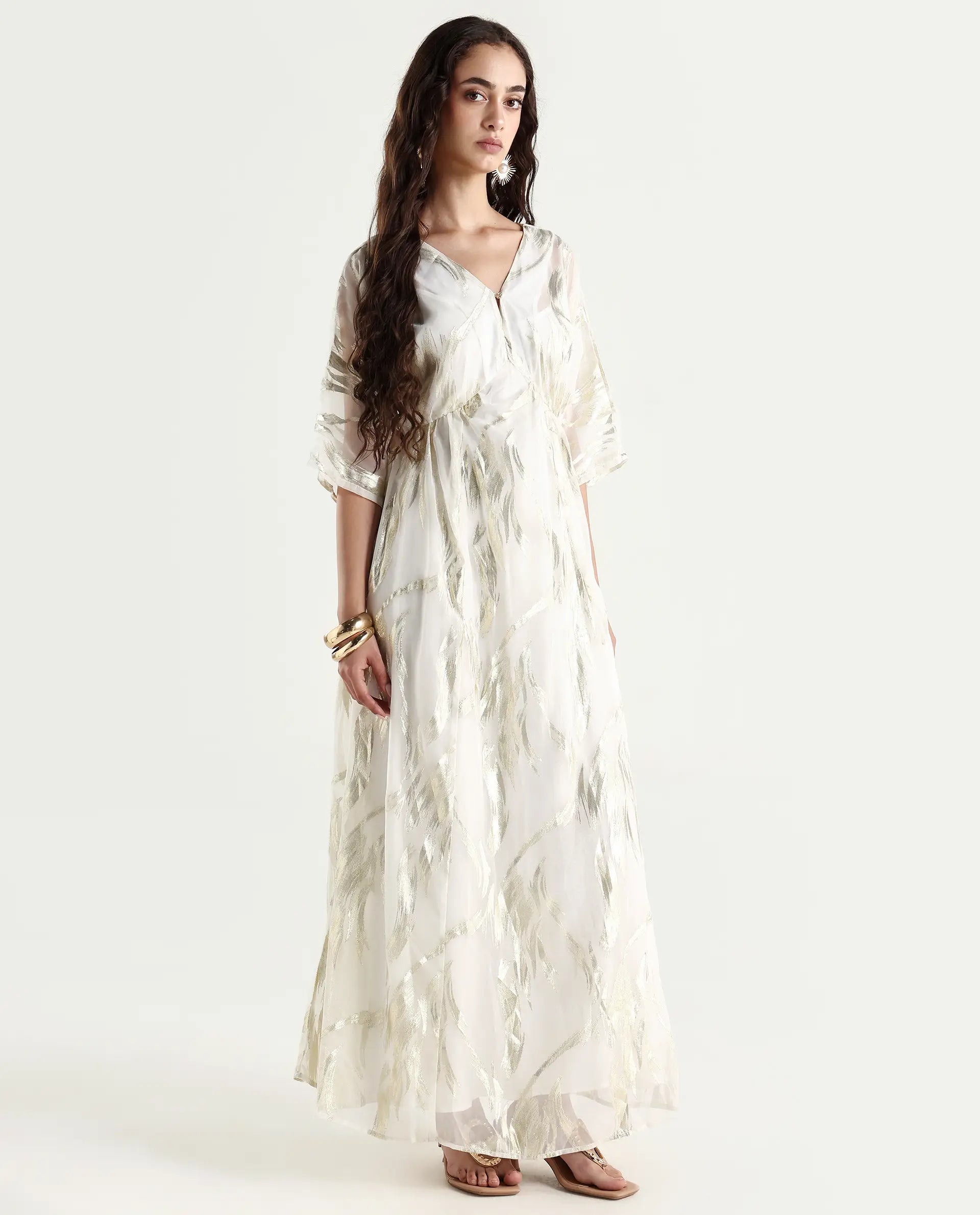 Rareism Women's Ronoli Off White Polyester V-Neck Textured Kimono Sleeve Maxi Flared Dress