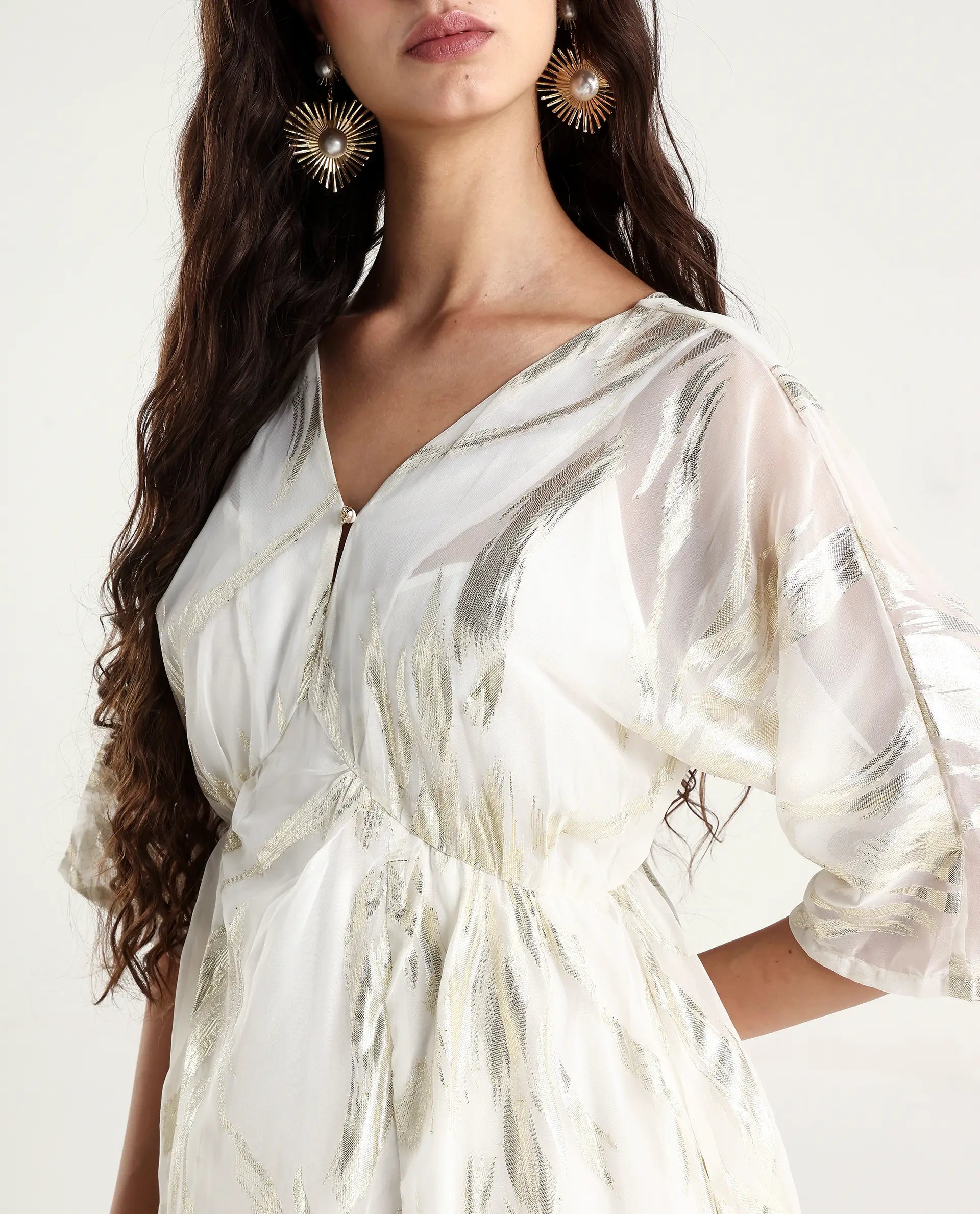 Rareism Women's Ronoli Off White Polyester V-Neck Textured Kimono Sleeve Maxi Flared Dress