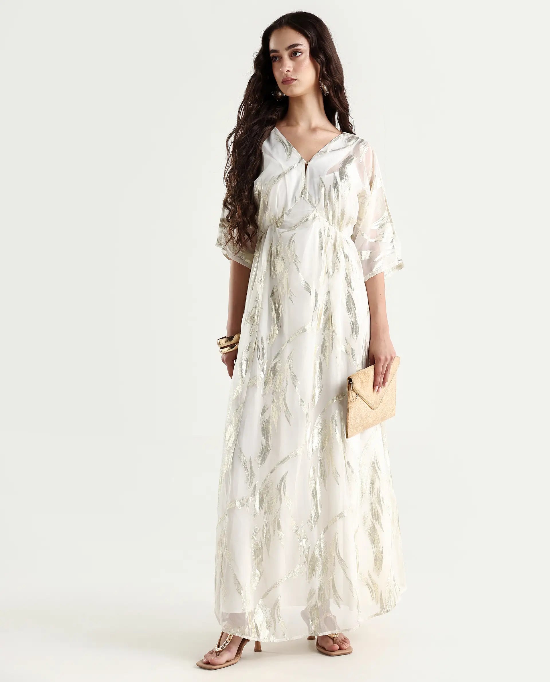 Rareism Women's Ronoli Off White Polyester V-Neck Textured Kimono Sleeve Maxi Flared Dress