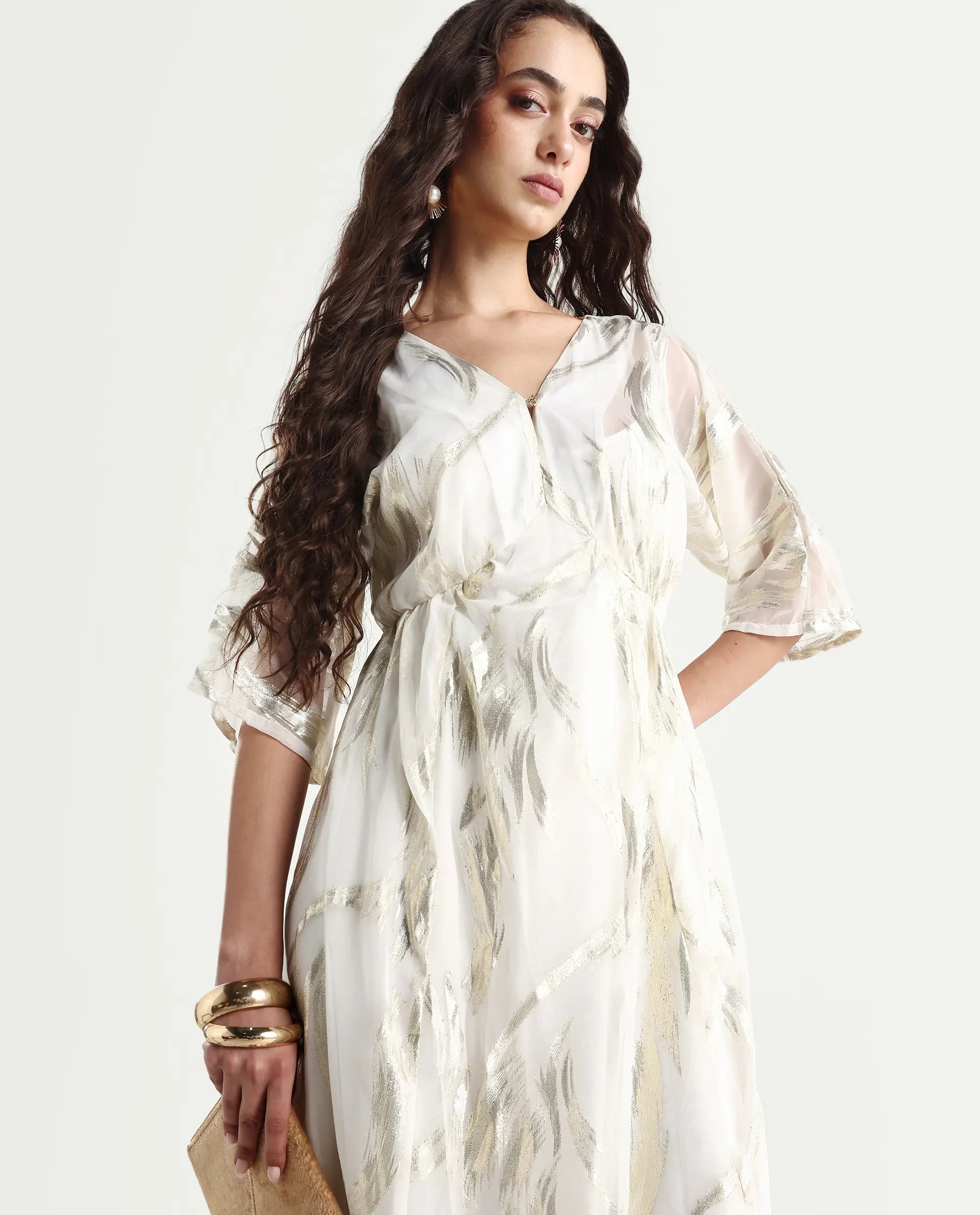 Rareism Women's Ronoli Off White Polyester V-Neck Textured Kimono Sleeve Maxi Flared Dress