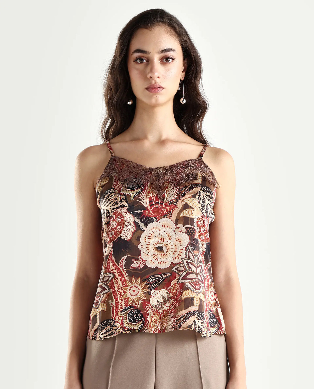 Rareism Women's Ronu Brown Polyester V-Neck Abstract Print Sleeveless Regular Fit Top