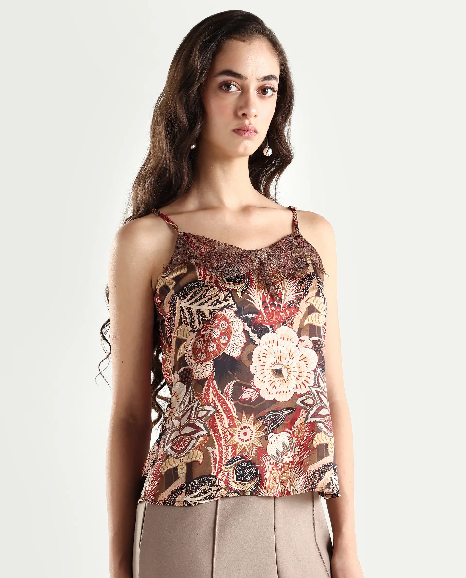 Rareism Women's Ronu Brown Polyester V-Neck Abstract Print Sleeveless Regular Fit Top