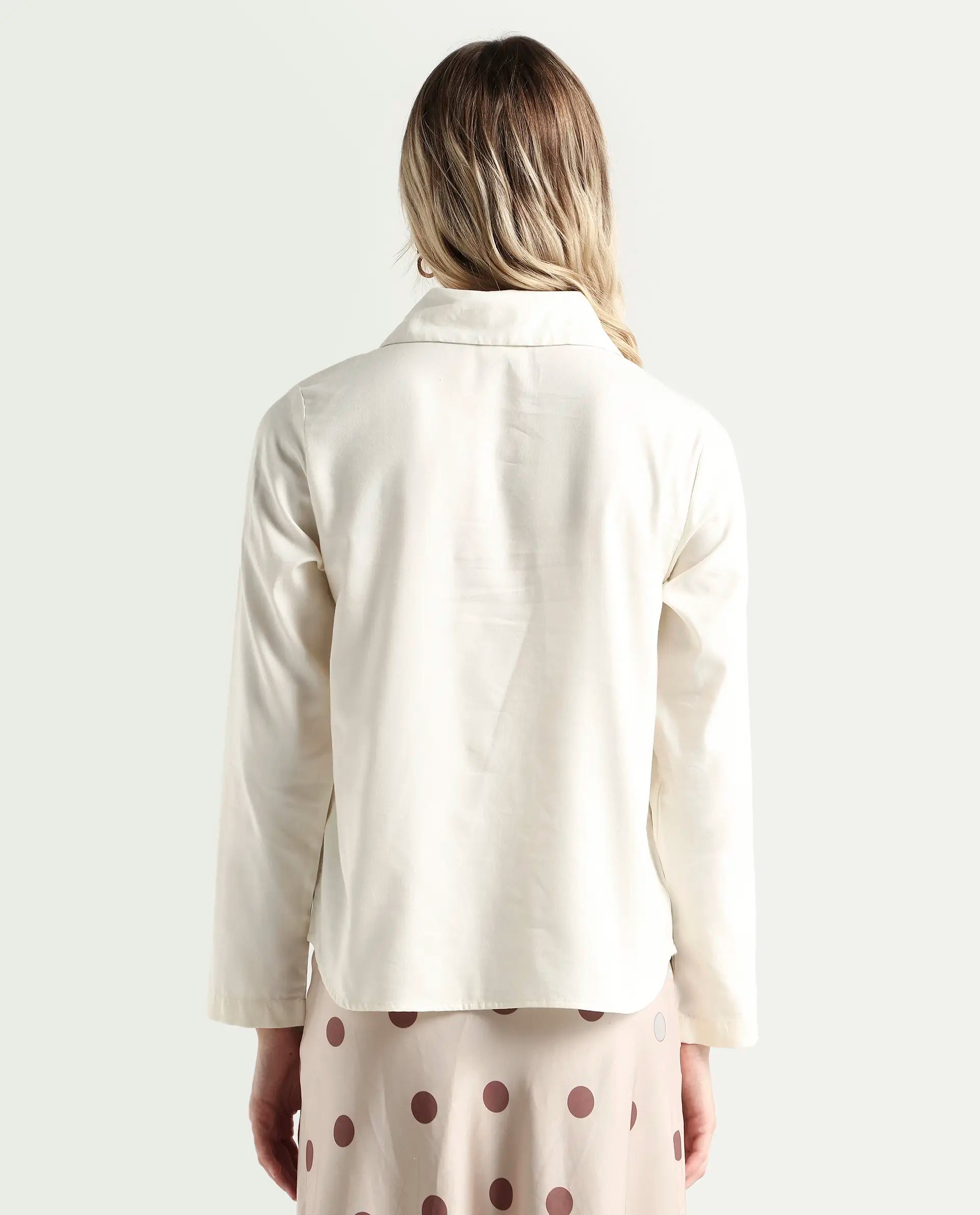 Rareism Women's Ronwok Off White Modal Spread Collar Plain Regular Fit Top