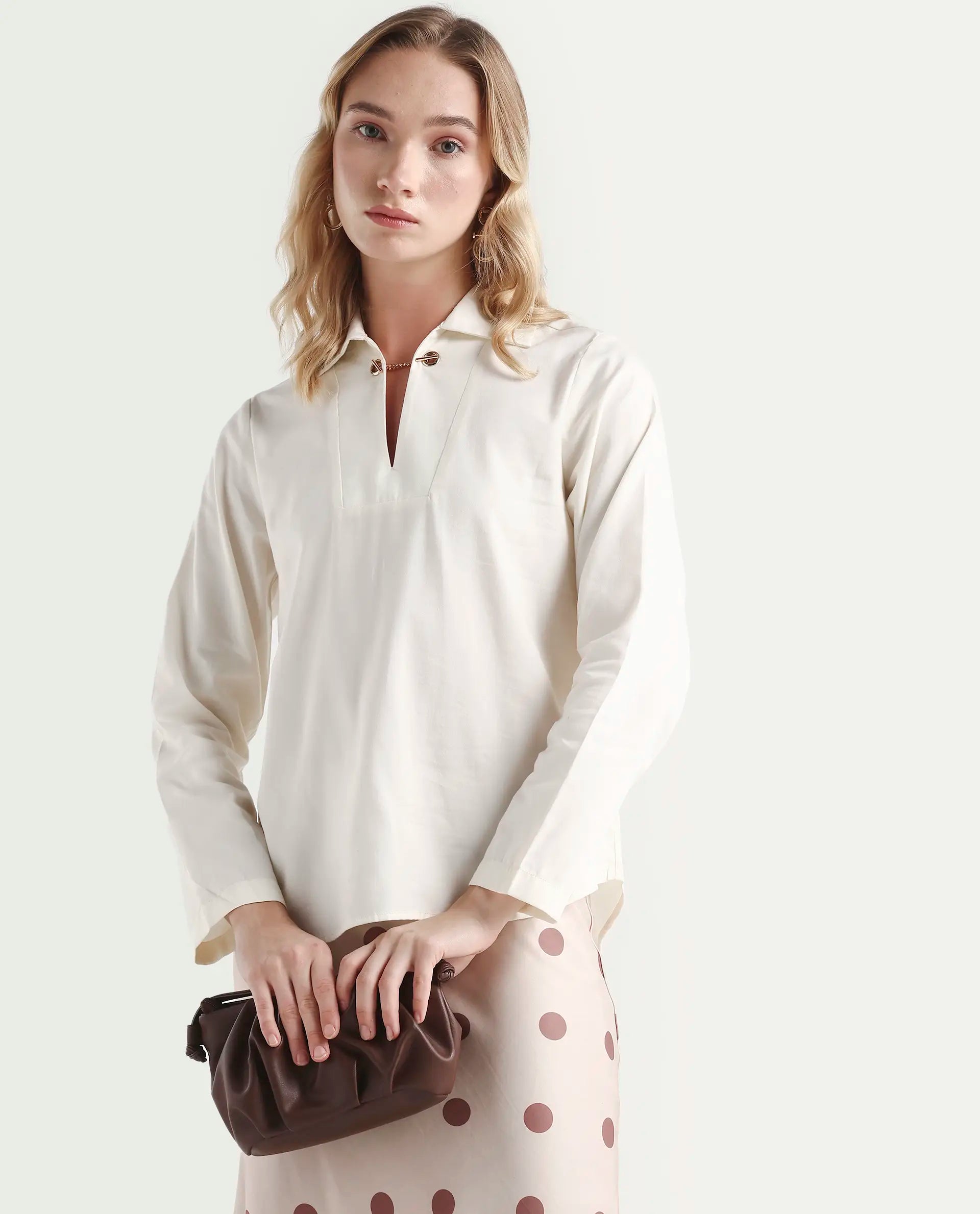 Rareism Women's Ronwok Off White Modal Spread Collar Plain Regular Fit Top