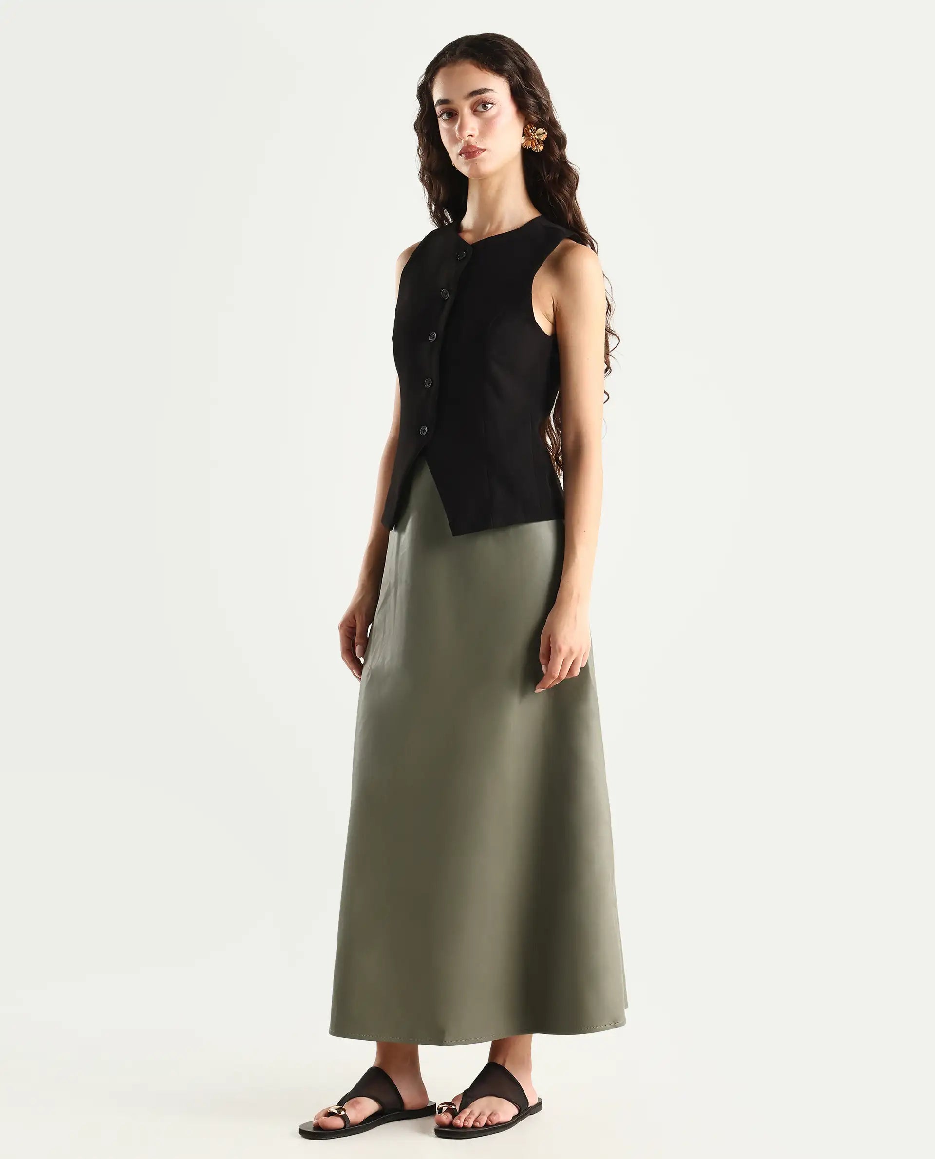 Rareism Women's Serdo Olive Polyester Dyed Midi Flared Skirt