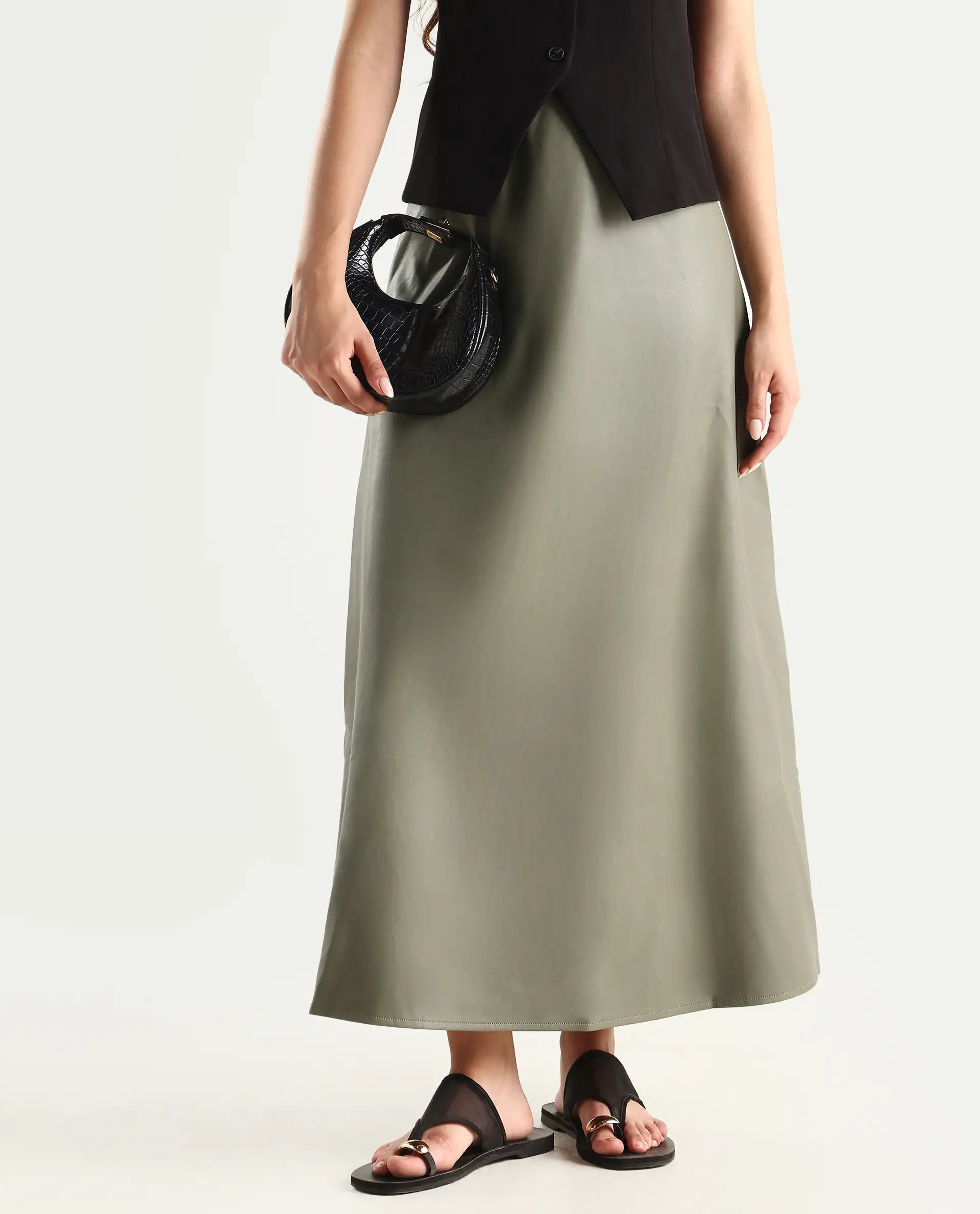 Rareism Women's Serdo Olive Polyester Dyed Midi Flared Skirt