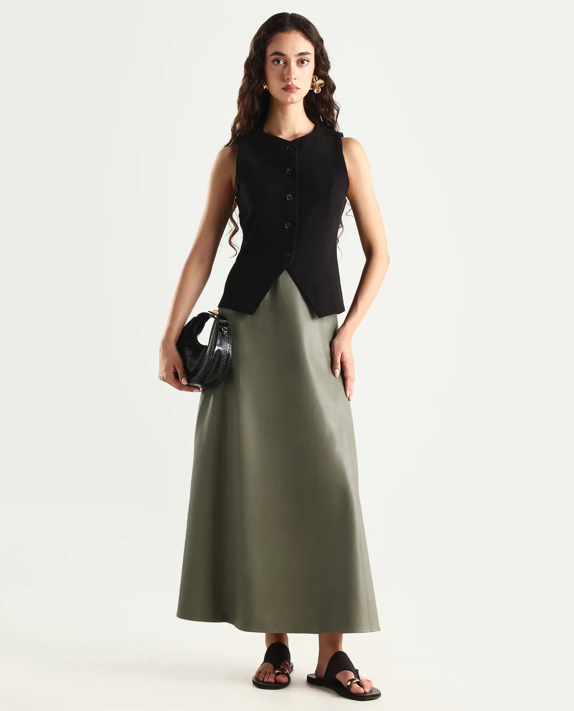 Rareism Women's Serdo Olive Polyester Dyed Midi Flared Skirt