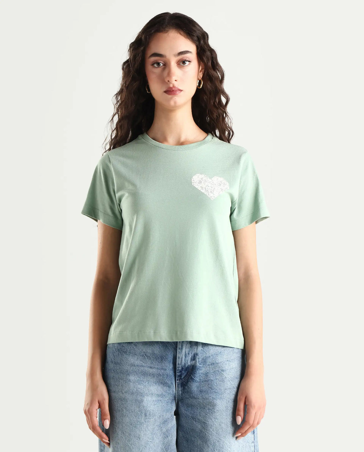 Rareism Women's Ronpel Light Green Cotton Round Neck Abstract Print Regular Fit T-Shirt