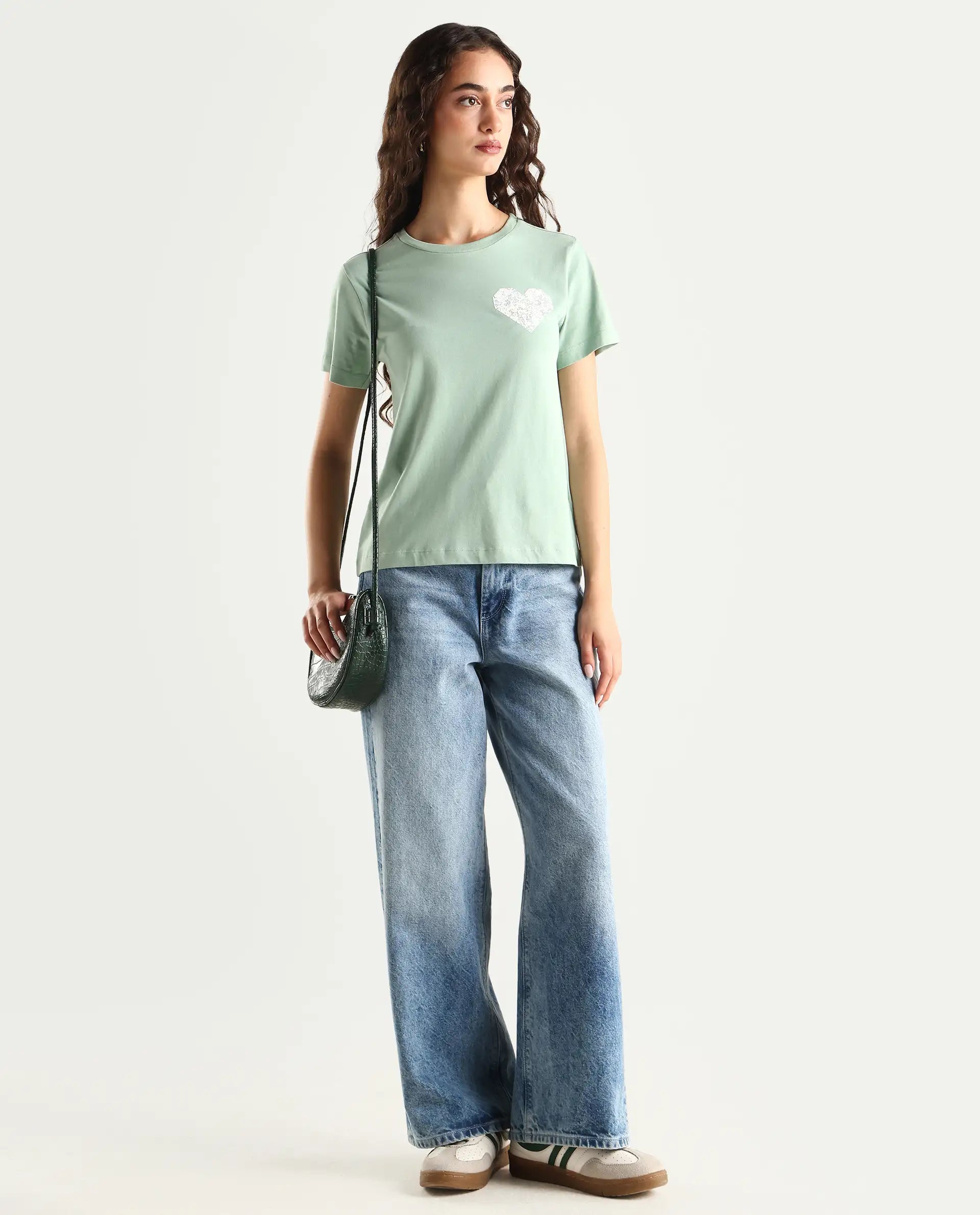 Rareism Women's Ronpel Light Green Cotton Round Neck Abstract Print Regular Fit T-Shirt