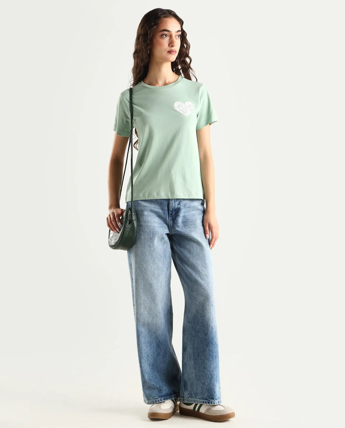Rareism Women's Ronpel Light Green Cotton Round Neck Abstract Print Regular Fit T-Shirt