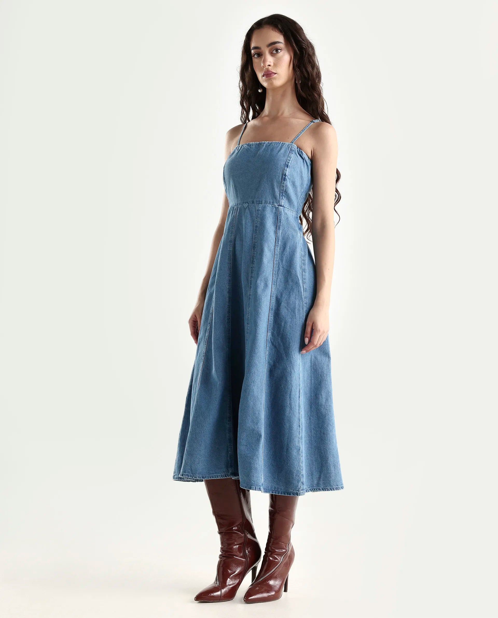 Rareism Women's Trevo Blue Cotton Tube Neck Plain Sleeveless Midi Fit And Flare Dress