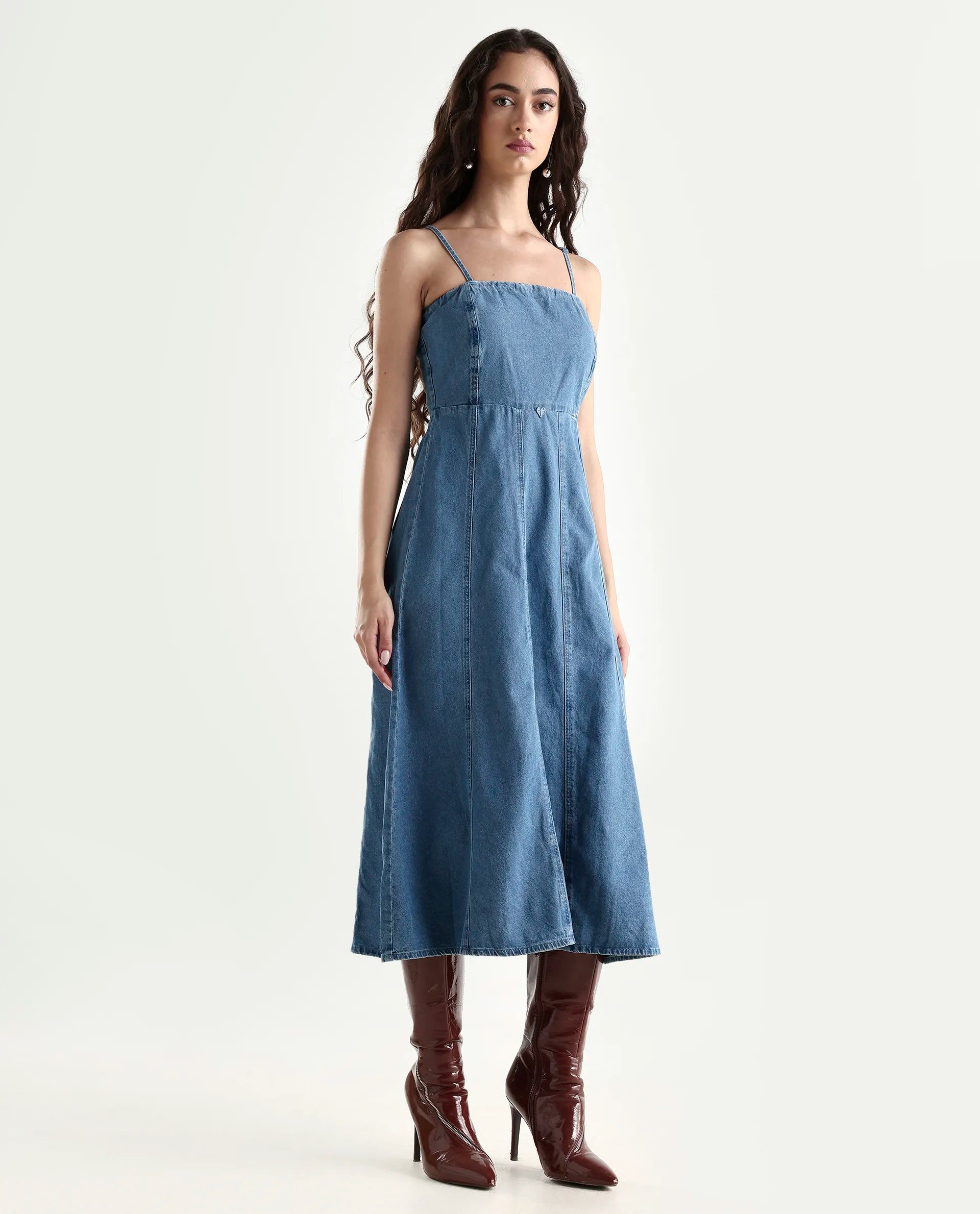 Rareism Women's Trevo Blue Cotton Tube Neck Plain Sleeveless Midi Fit And Flare Dress