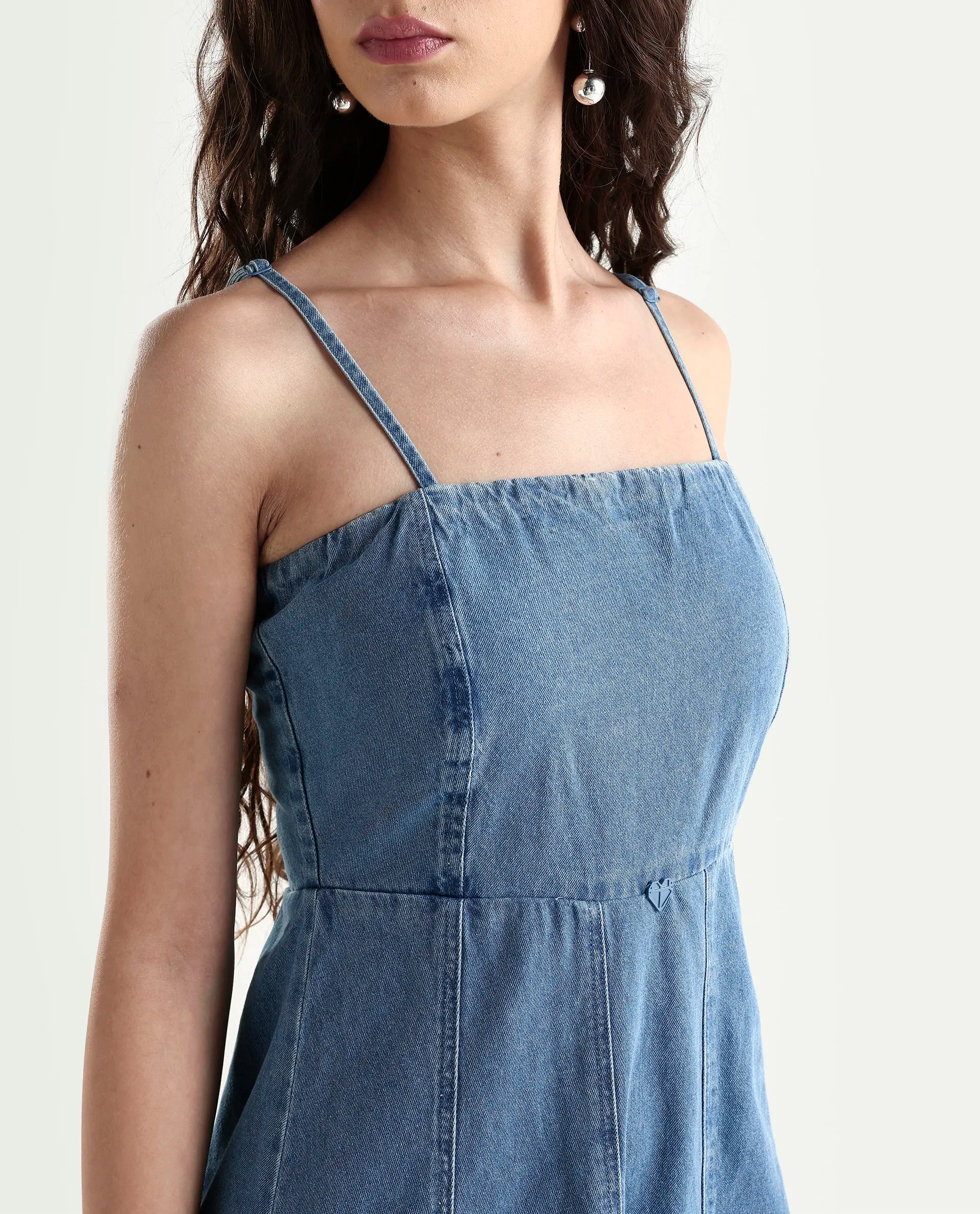 Rareism Women's Trevo Blue Cotton Tube Neck Plain Sleeveless Midi Fit And Flare Dress