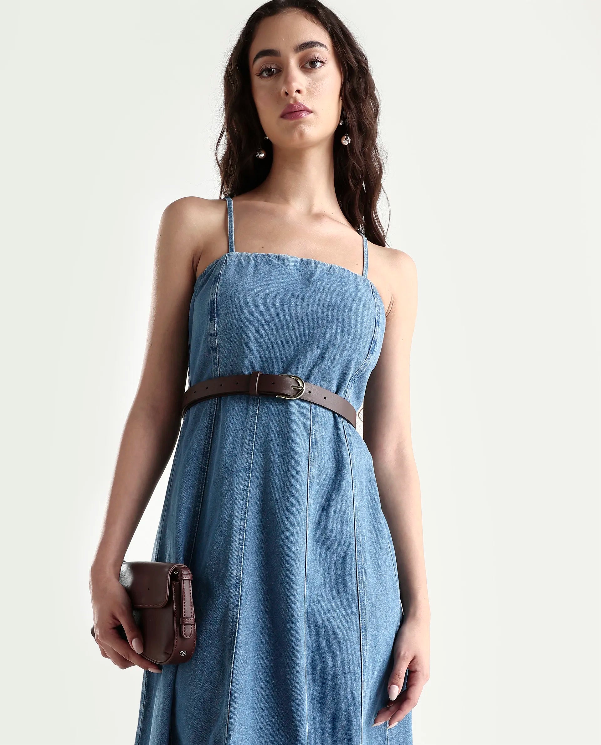 Rareism Women's Trevo Blue Cotton Tube Neck Plain Sleeveless Midi Fit And Flare Dress