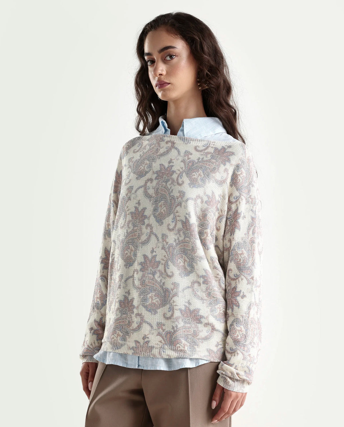 Rareism Women's Nupint Light Multi Polyester Blend Boat Neck Paisley Print Kimono Sleeve Relaxed Fit Top
