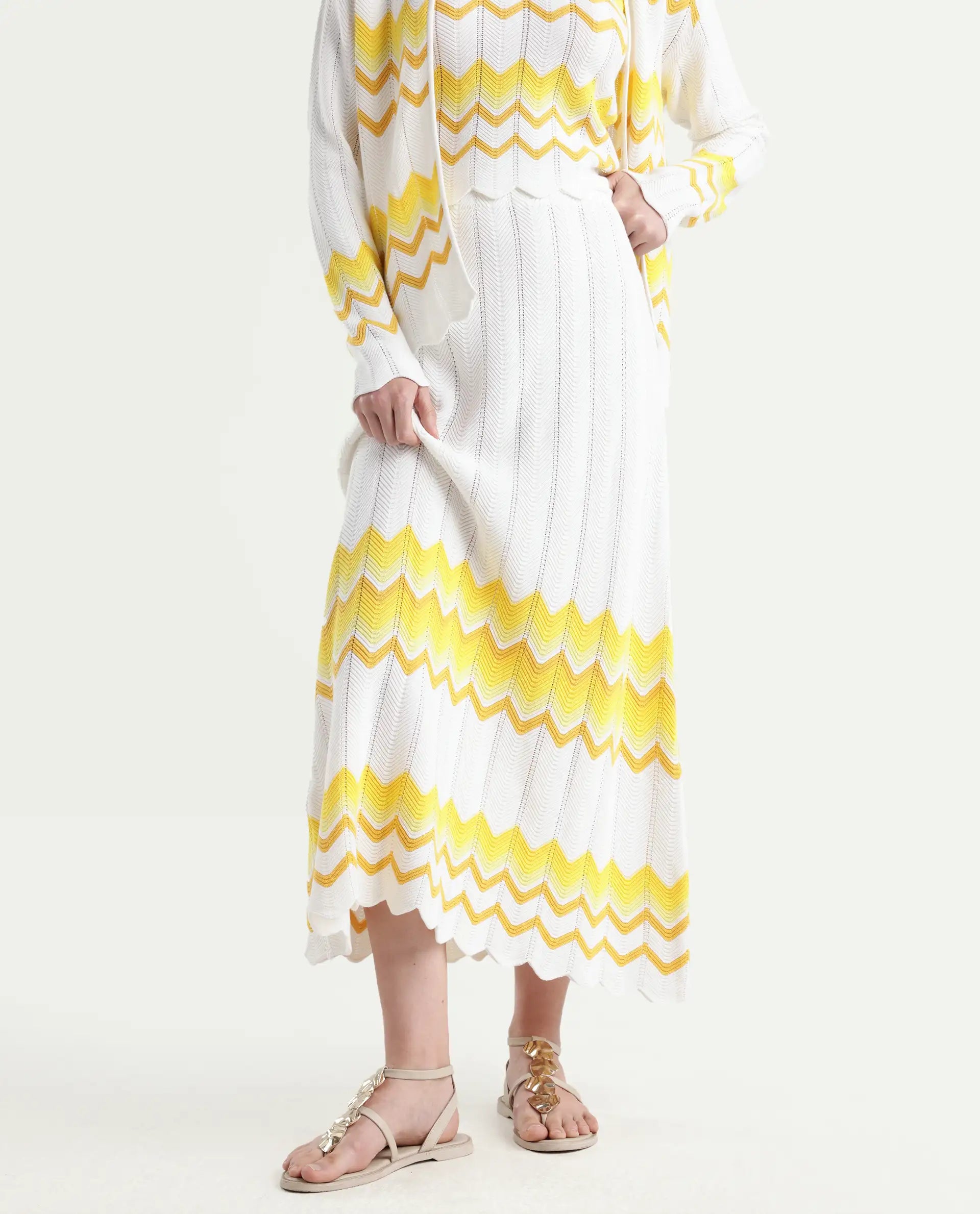 Rareism Women's Nupstir-B Yellow Cotton Color Block Maxi Straight Fit Skirt